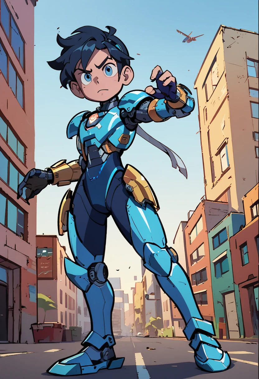 Detailed cartoon image of a young man in blue and gold armor, boy with mecha cybernetic armor, boy in armor, nanoboy, Hero 2d Fanart Artsation, cyber fight armor, megaman, epic comic book style, cyborg, anime boy from the future, lindo garoto cyborg, cyber suit, mecha suit, android hero