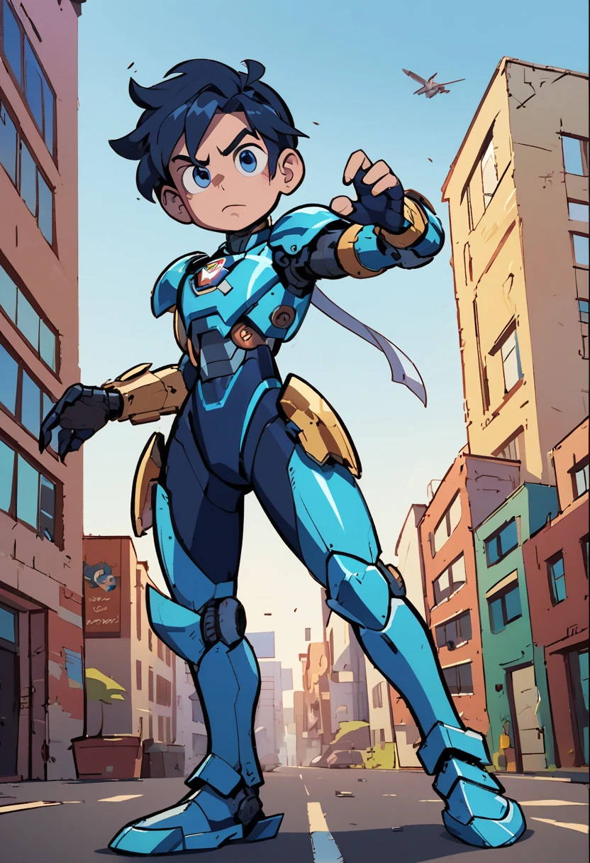 Detailed cartoon image of a young man in blue and gold armor, boy with mecha cybernetic armor, boy in armor, nanoboy, Hero 2d Fanart Artsation, cyber fight armor, megaman, epic comic book style, cyborg, anime boy from the future, lindo garoto cyborg, cyber suit, mecha suit, android hero