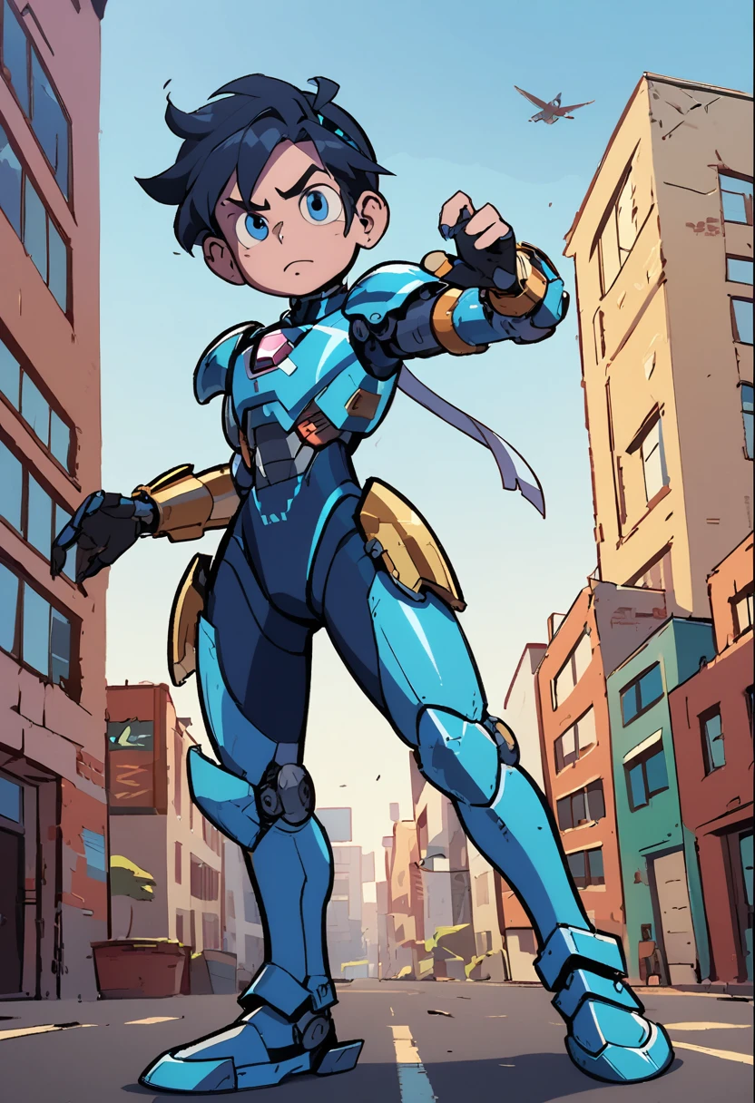 Detailed cartoon image of a young man in blue and gold armor, boy with mecha cybernetic armor, boy in armor, nanoboy, Hero 2d Fanart Artsation, cyber fight armor, megaman, epic comic book style, cyborg, anime boy from the future, lindo garoto cyborg, cyber suit, mecha suit, android hero