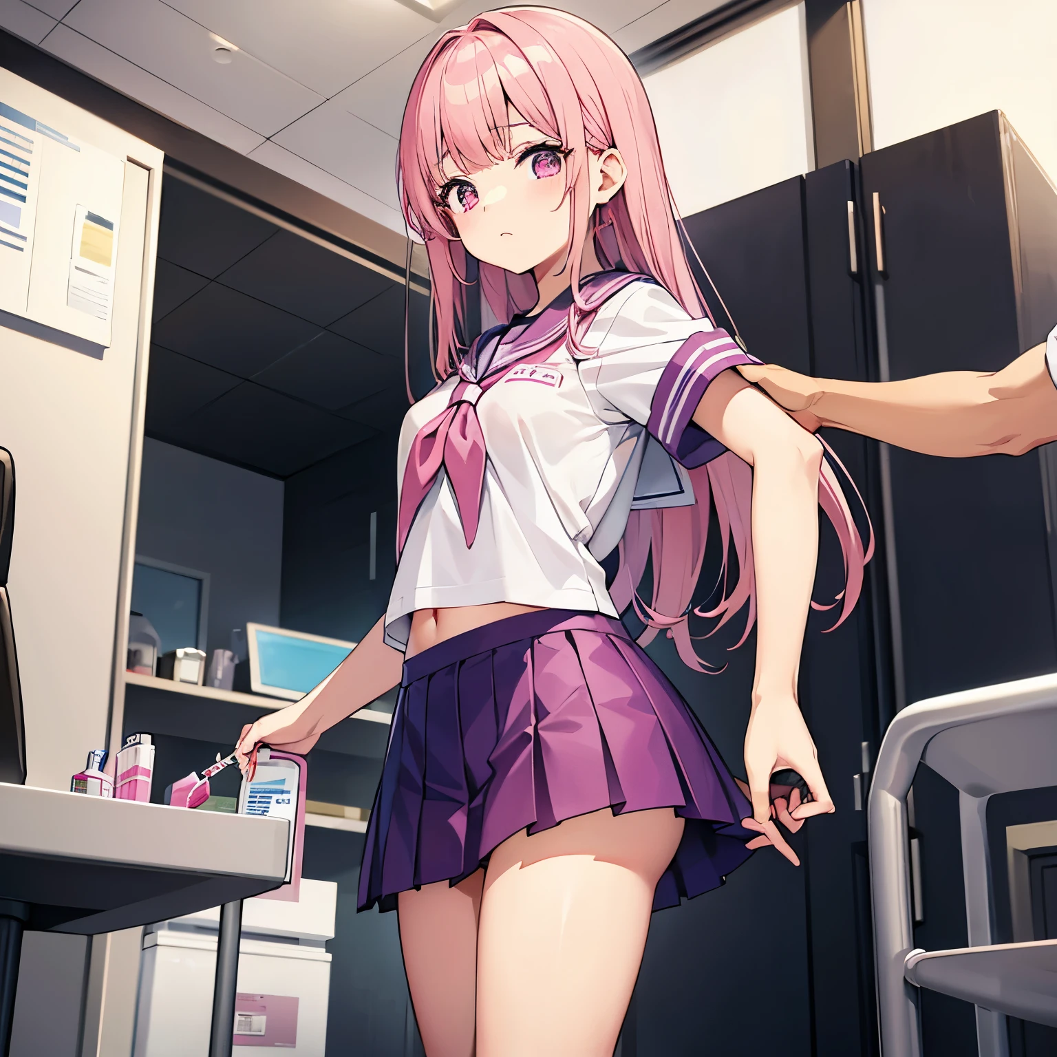 A pink-haired high school girl in a sailor uniform receives a vaccination、The man grabbed his arm、Take the syringe and stick it into your upper arm.。.