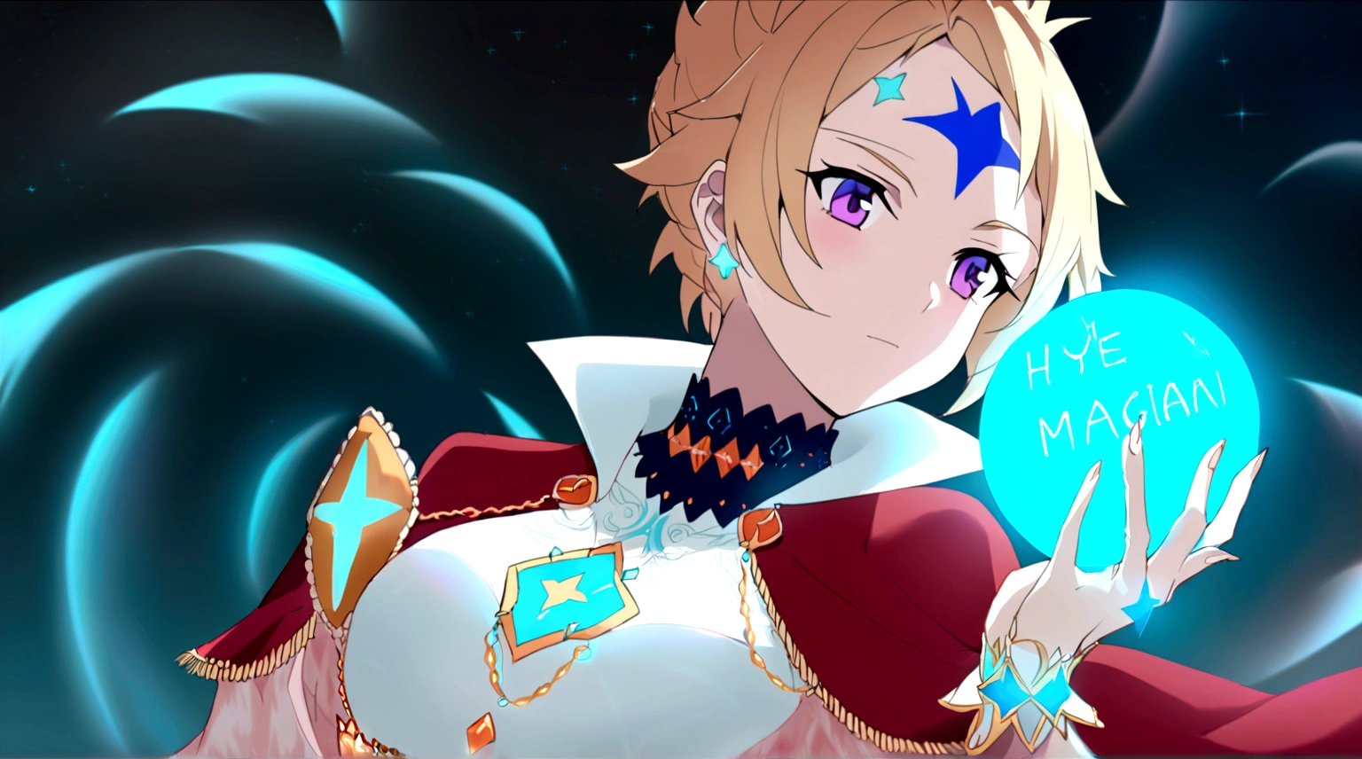 A blonde woman in anime style with short blonde hair and purple eyes. on her forehead is a tattoo of a blue star with 6 points. she is a human and wears a red cloak with a large white fur collar on which lies a golden chain. she is a magician and holds a magic ball of time magic in her hand.