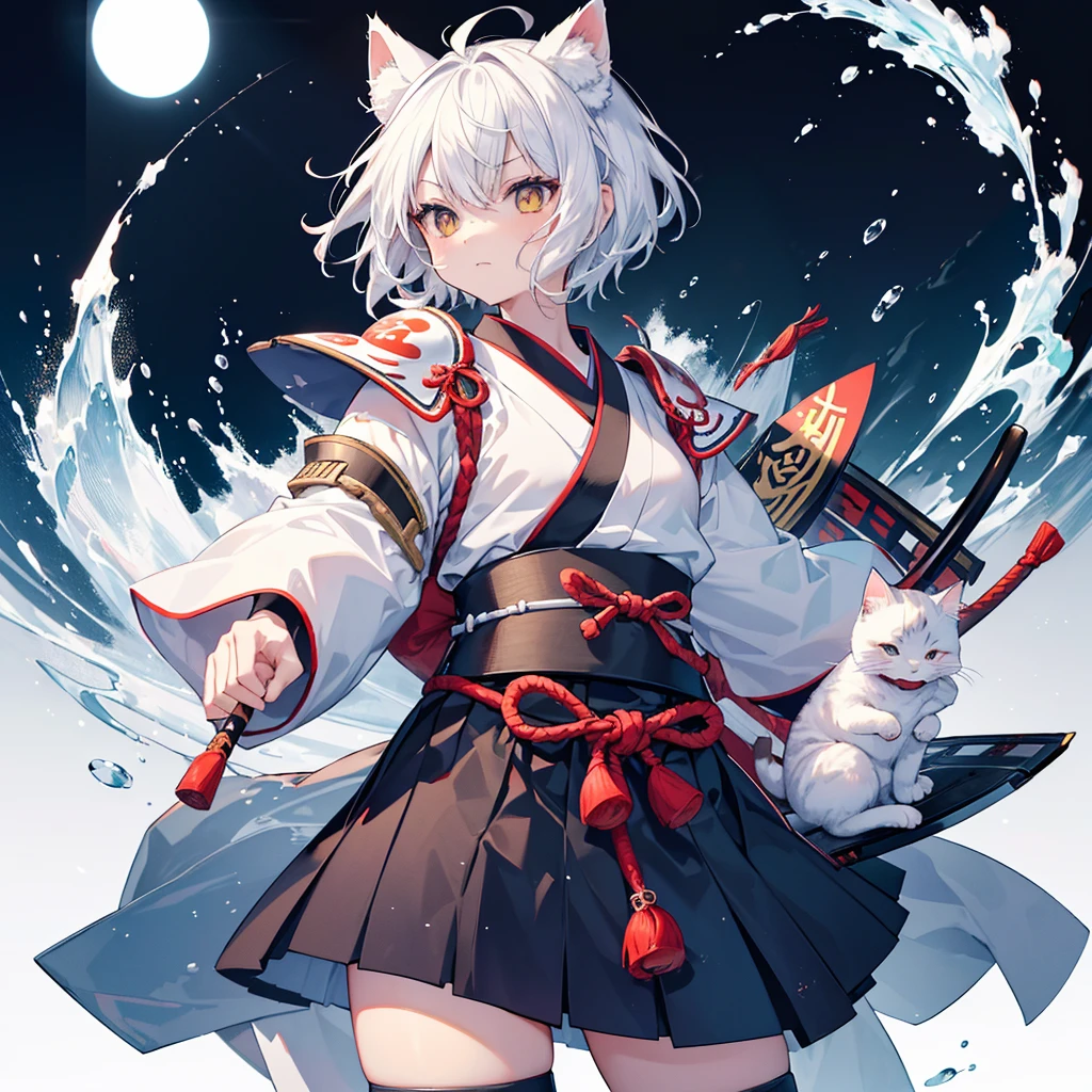 Tabletop, 最high quality, vague, Fuji Mountain, Japanese cat holding a sea bream on a white background, short hair, Samurai Kitten, slightly larger ears, Kitten Warrior (White cat with two black circles on its head), Cat in armor, Anthropomorphic cat ninja, Samurai god wearing carp armor, Written by Tan'yū Kano, High resolution, Colored, Ukiyo-e style, Inspired by Utagawa Kuniyoshi,Fibonacci、Tangled, beautiful複合施設、 Intertwined Official Art, Integrated 8K wallpapers, Attention to detail, beautiful, high quality, beautiful, masterpiece, Best Images.