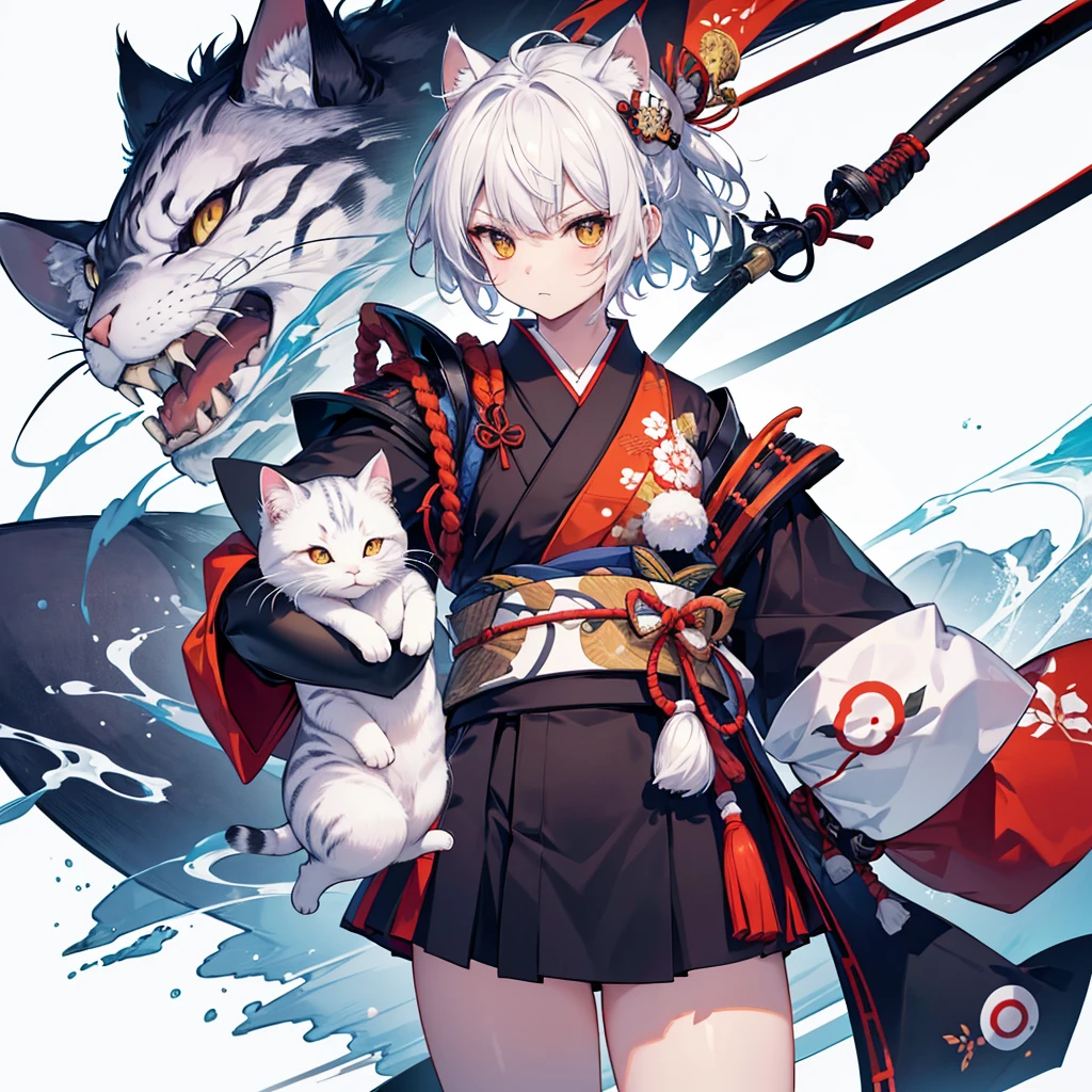 Tabletop, 最high quality, vague, Fuji Mountain, Japanese cat holding a sea bream on a white background, short hair, Samurai Kitten, slightly larger ears, Kitten Warrior (White cat with two black circles on its head), Cat in armor, Anthropomorphic cat ninja, Samurai god wearing carp armor, Written by Tan'yū Kano, High resolution, Colored, Ukiyo-e style, Inspired by Utagawa Kuniyoshi,Fibonacci、Tangled, beautiful複合施設、 Intertwined Official Art, Integrated 8K wallpapers, Attention to detail, beautiful, high quality, beautiful, masterpiece, Best Images.