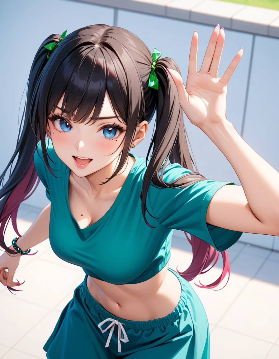 Masterpiece, The best quality, vivid colors, A beautiful 25 year old university student, angelic face, a mole on the face, tremendously provocative body, Casual clothes, twin tails, (twin tails negras:1.1) (twin tails rubias:0.9), Blue eyes, wide, playful pose, the background is a university campus
