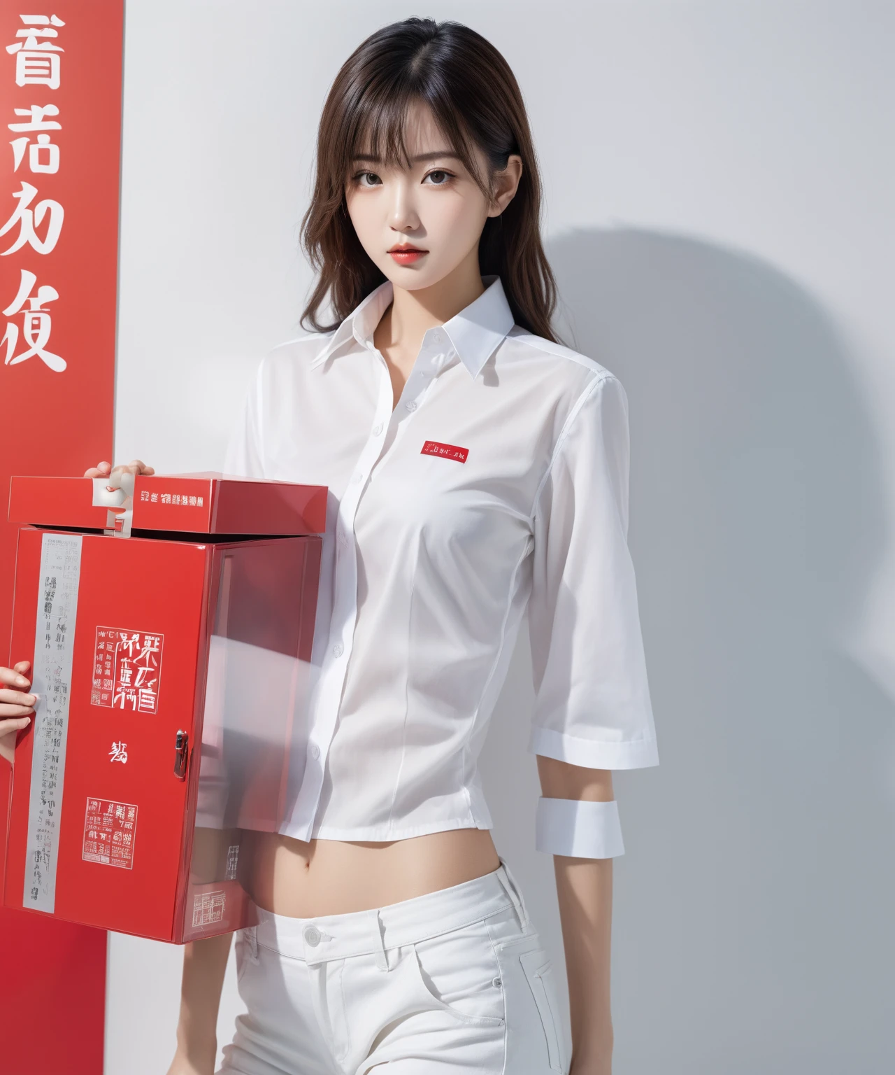 A man in a white shirt、arafed picture of a woman with a red box hanging on her chest, Transparent, Full body 1 / 6 Erpingnu, Sorayama Moto (hajime sorayama) Design Girl, 半Transparent, cardboard cutout, Girl image, Soft light hazy Yoshitaka Amano, Kago Shintaro, Full body illustration