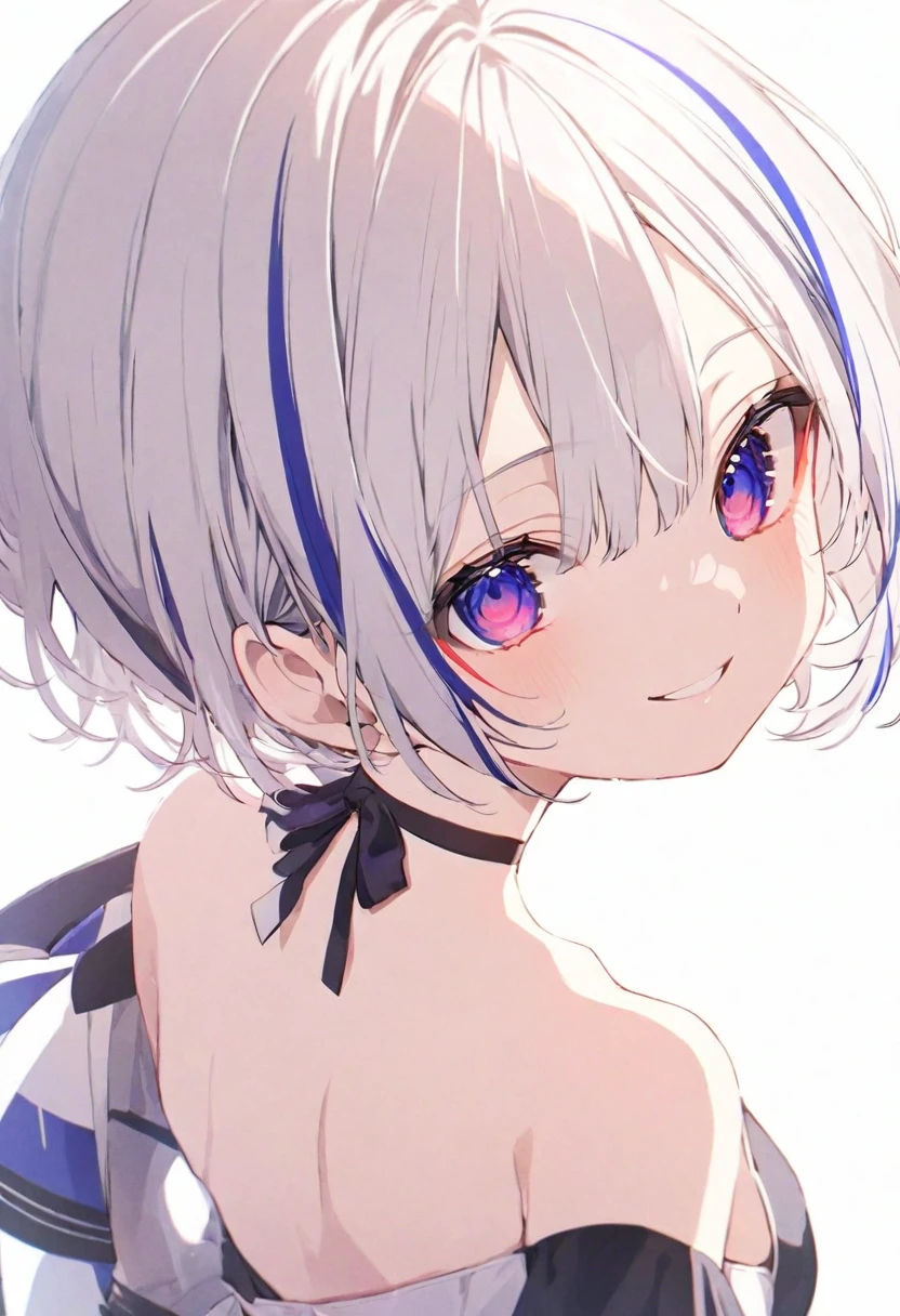 (muste piece), (best quality), very detailed eyes, expressive eyes, perfect face, very detailed face, highly detailed face, beautiful girl, 8K, beautiful girl, white background, delicate and beautiful face and eyes, dark intense shadow,
1 girl, vtuber style, cool girl, hololive, amane kanata, streaked hair, short hair, swimsuit, small chest, cropped shoulders, clavicle from behind, looking back, smile, (whole body), standing,
