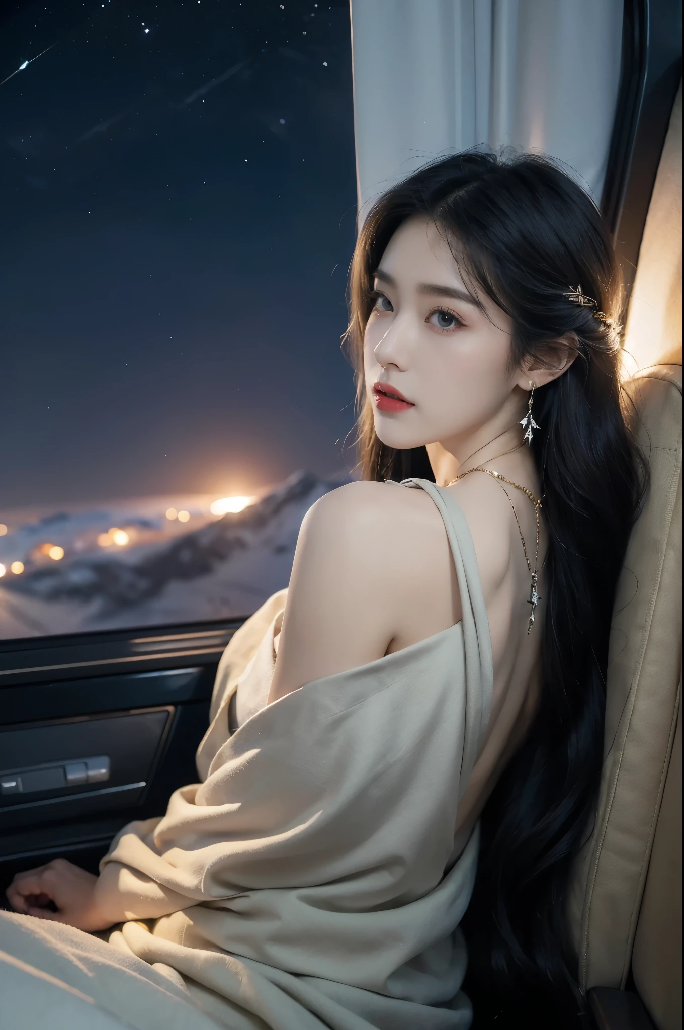 (((best quality))),(((ultra detailed))),(((masterpiece))),illustration,(a beautiful girl,female passenger,solo),(parted red lips),((slim,thin)),((bare back,towering hips,butt crack)),((earrings,crystal necklace)),(slender legs:1.2),(sitting on the seat:1.2),summer night,((in airplane,economy class,indoor)),(blanket over shoulders:1.3),((dress)),(shoulder length straight bob hair:1.2),stars,moonlight,smooth flight,engine sound,lullaby,relaxed,excited,laughing,visiting family,comfortable seats,soft fabric,headrests,adjustable,beauty of night sky,dimmed lights,sleeping passengers,movies,personal screens,staying awake,magic of sky,joy of being with family,memorable journey,adventures,(surrounded by crowded crowds:1.3),(Outside the window is high-altitude night view:1.2),((from back,upper body))