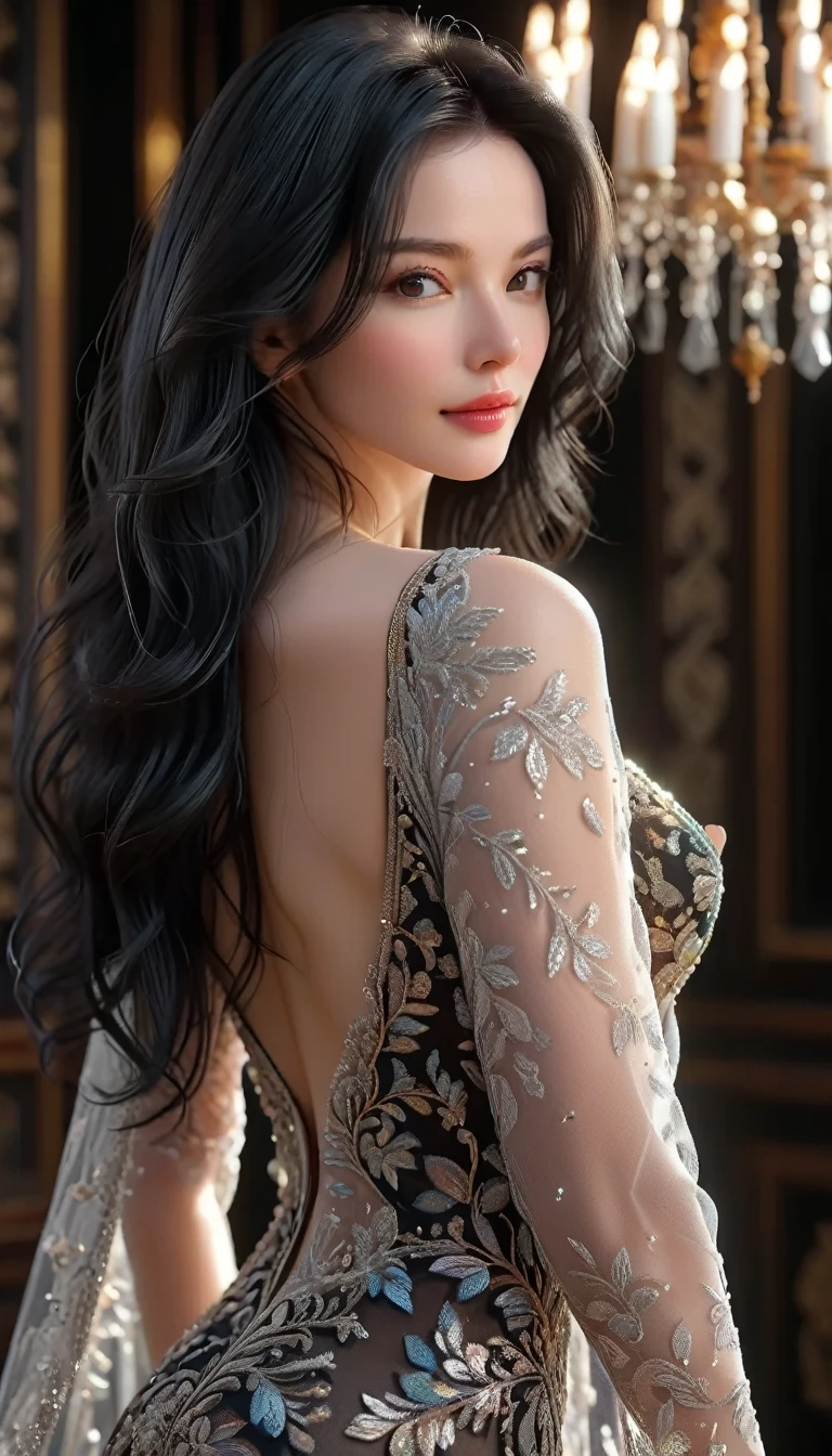 4K resolution,8K resolution,beautiful,Highest quality,Absolutely wonderful,Very detailed,Ultra-high resolution,masterpiece,Realistic,Realistic,Increased depth of field,Cinematic Light, One elegant mature woman, Long black hair,精巧なディテールのbeautiful顔,Face with a gentle expression,Transparent white skin,Very delicate skin texture,Great proportions,Glamorous Body,Anatomically correct body, high slit dress,Gorgeous colors,Gorgeous and detailed pattern,Beautifully detailed pattern,Detailed cloth texture, Black Background, Dramatic Angle,