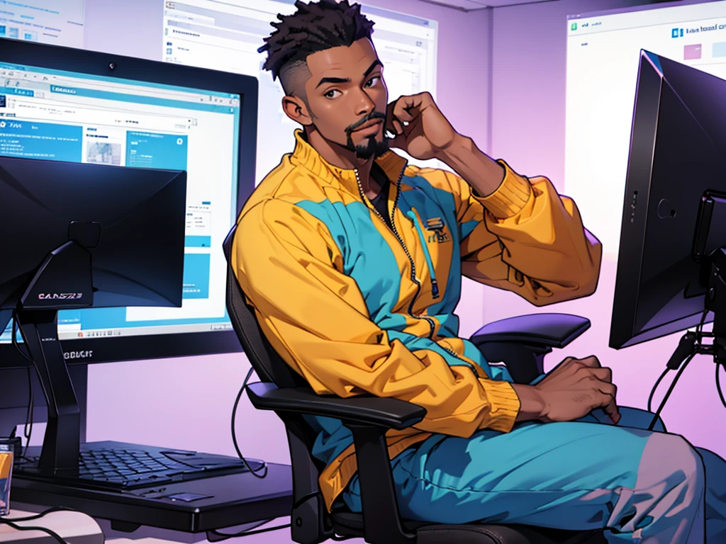 black man with a goatee working on computer, about 19 nos, again 2024, sitting on a chair facing the screen, photo framed in torso face and computer, pastel image colors