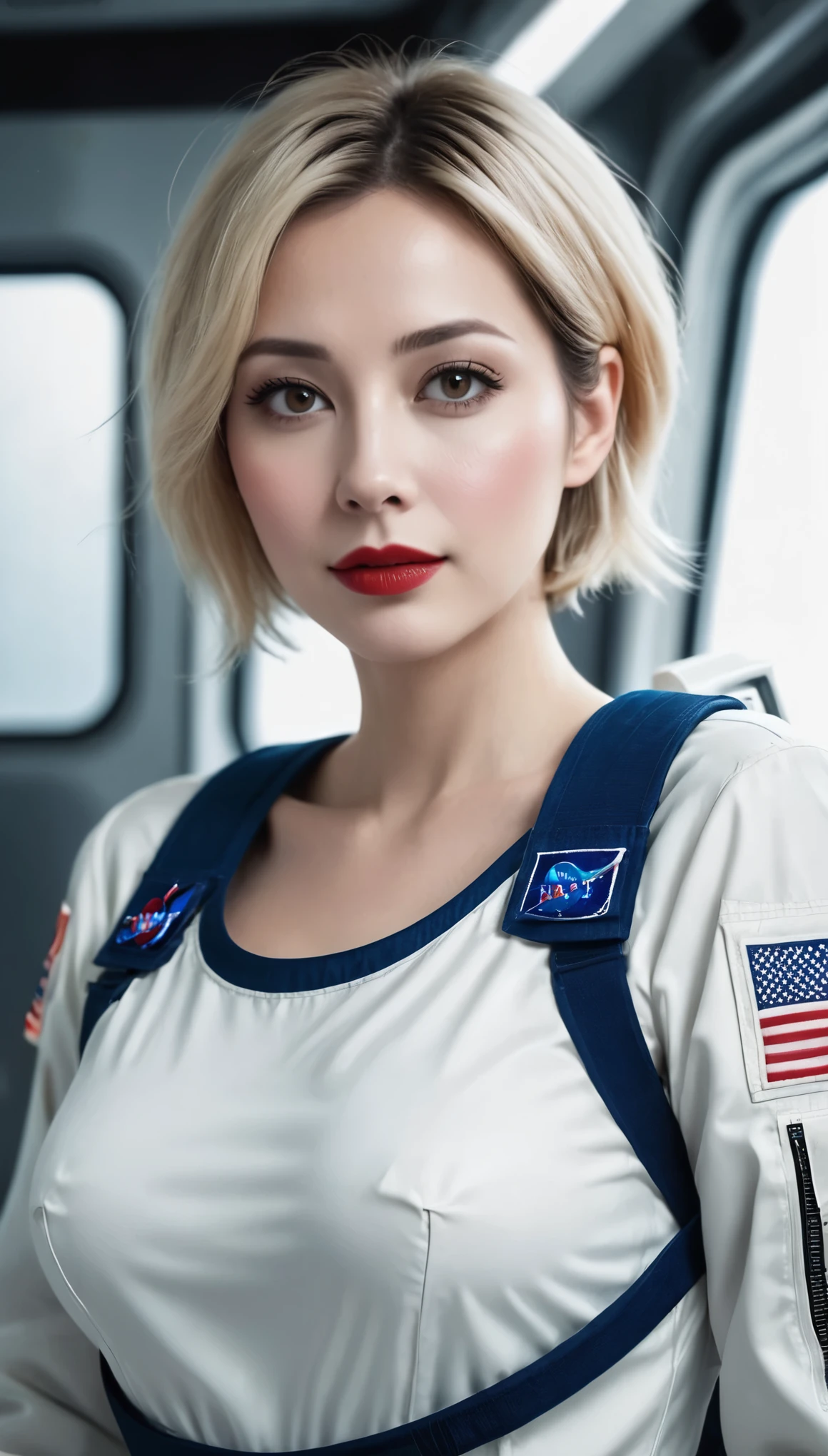 (((surreal woman)))、((Very beautiful 30 year old white woman))、(((Big big cleavage)))、(((woman astronaut)))、(((Big big cleavage)))、
short hair、blonde mature、Chubby body type、Beautiful expression、Beautiful brown eyes、Stay on a huge space station、Red lips、(((Please wear a space suit)))、(((alone)))、