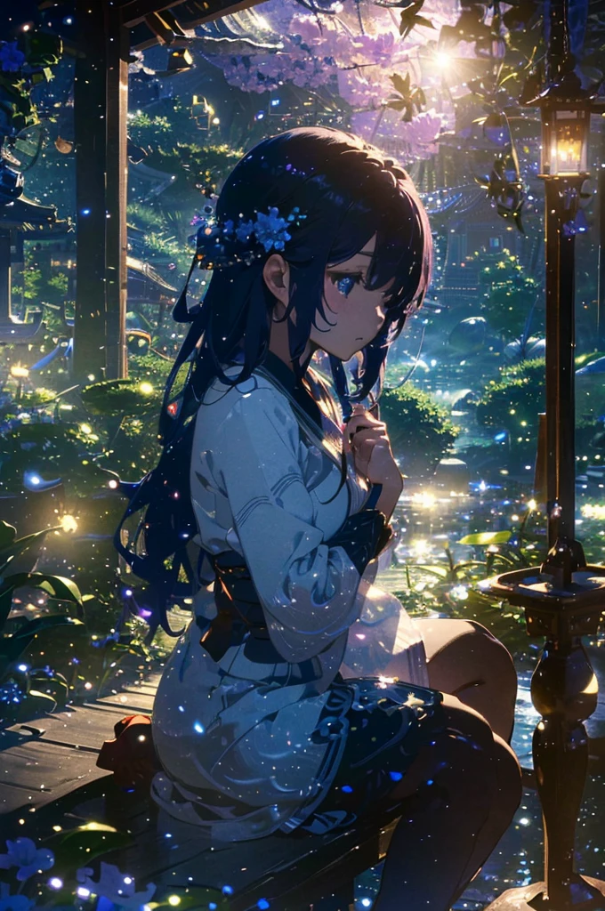 (Official Art、Highest quality、unity 8k wallpaper、masterpiece、Very detailed、Ultra-high resolution:1.2)、(Highly detailed and intricate 3D rendering)、詳細なBeautiful Faceと目、thin、Medium Bust、(whole body:1.2)、(Side Shot、moonを見上げる、avert your eyes:1.2)、Fireflies are flying、(Mysteriouoon Light)、Beautiful Face、Blurred Background、beautiful girl、Japanese garden、Cowboy Shot、sitting in veranda、空に一つの満moon、moon