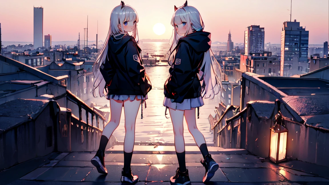 (((masterpiece, best quality, ultra-detailed, best fingers,)))a girl, long hair, black hoodie, , black socks, brown boots, white hair, from back, urban, midnight, overlooking a town, blush-up,