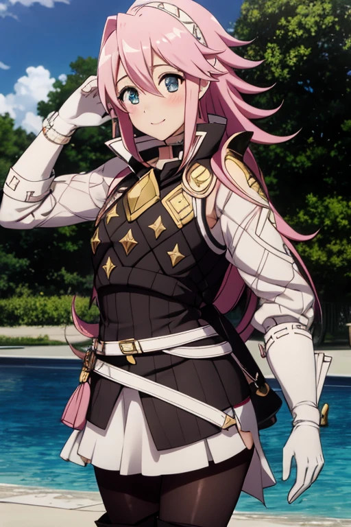 ((Very detailed)), ((Highest quality)), ((Highest quality)), ((beautiful eyes)), ((Very detailed)), 4K, (8K), Highest quality, (beautiful),(((Soleil))), (((Pink Hair)))hair band, (((armor, White shirt, Long sleeve, Black vest, belt, White mini skirt, Black Pantyhose, White gloves, Thigh-high boots))), Cowboy Shot, Blushing, smile, Open your mouth, null, river,
