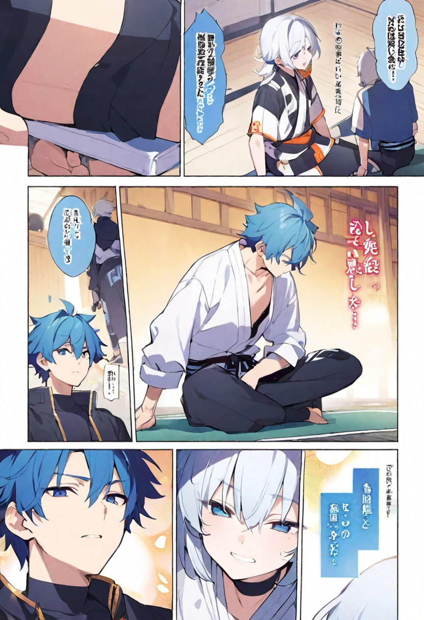 Manga Page, of a blue-haired boy sitting nearby, White Haired Boy, Wearing street clothes, Sit, At the dojo