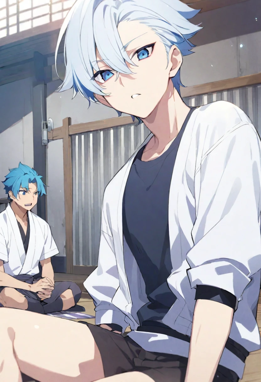 Manga Page, of a blue-haired boy sitting nearby, White Haired Boy, Wearing street clothes, Sit, At the dojo
