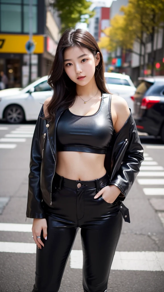 20 year old Japanese girl, wearing a black leather jacket, black trousers, black shoes, black crop top, has a slim stomach, long black hair, photo in the city, 8k masterpiece, detail,