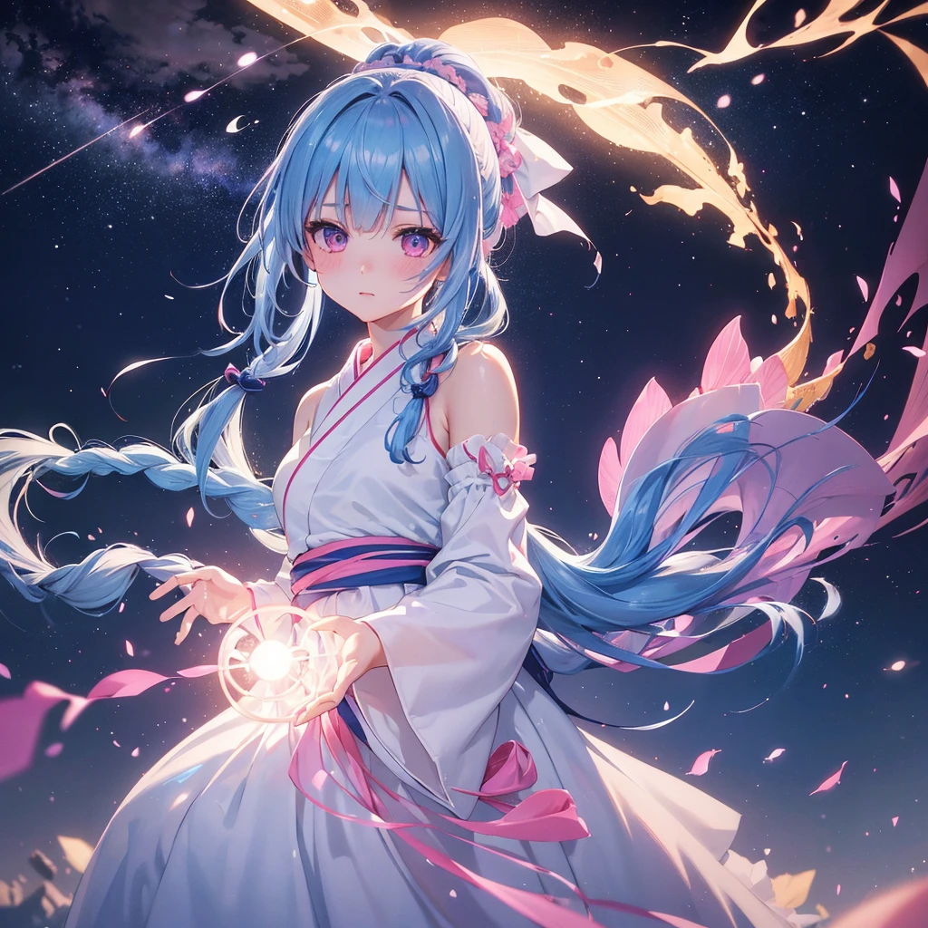 Sky blue hair, (One braided ponytail),(Pink Eyes),Fair skin ,(whole body),(One girl),White yukata,Tanabata,(The Milky Way in the night sky),Hollow Eyes,Blushing,Straight bangs,,Wedding dress,(masterpiece, Highest quality, Very detailed, Best Shadow), (Detailed Background), (Beautifully detailed face), High Contrast, (Best lighting, Very delicate and beautiful), ((Cinematic Light)), colorful, Hyper Detail, Dramatic Light, Intricate details,Reaching out,