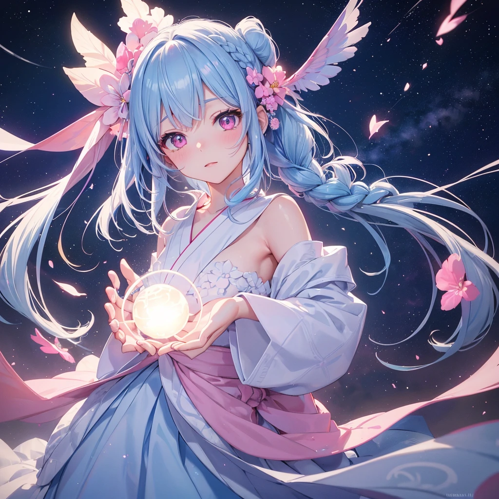 Sky blue hair, (One braided ponytail),(Pink Eyes),Fair skin ,(whole body),(One girl),White yukata,Tanabata,(The Milky Way in the night sky),Hollow Eyes,Blushing,Straight bangs,,Wedding dress,(masterpiece, Highest quality, Very detailed, Best Shadow), (Detailed Background), (Beautifully detailed face), High Contrast, (Best lighting, Very delicate and beautiful), ((Cinematic Light)), colorful, Hyper Detail, Dramatic Light, Intricate details,Reaching out,