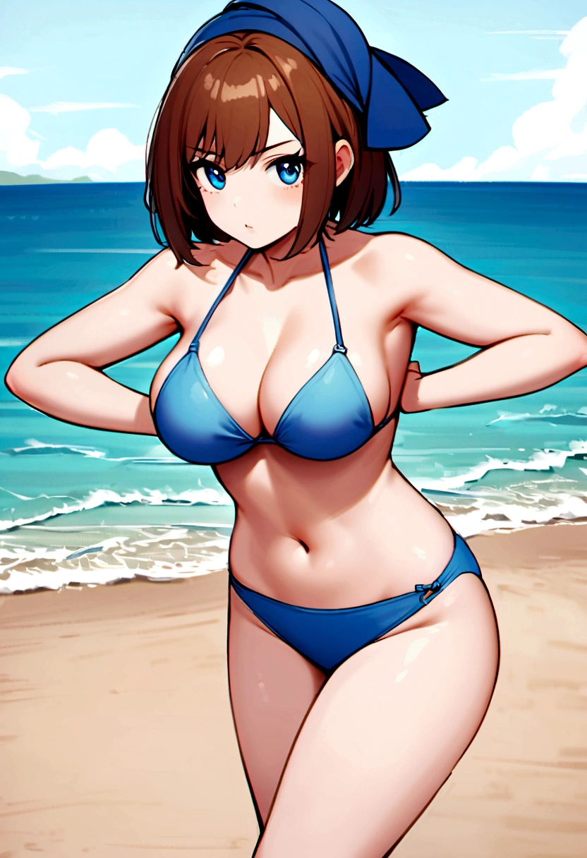 1 Girl, Maybe Pokemon, Blue headscarf, Brown hair, short hair, blue eyes, Wearing a blue bikini,Raise your arms, breast, cleveage, thigh, beach,