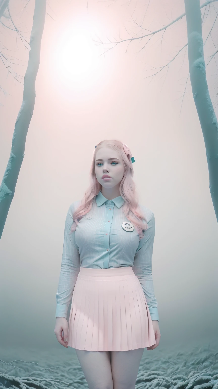 Analog photography featuring a melancholic American adult model (Ivy Snow) amidst the shadows of a dimlit mountain at night, blonde curvy-girl (18yo, Smokey eyes, very pale skin(PORCELAIN SKIN), large breasts, tightened thighs, huge ass, Chubby blonde-girl)-Bold pink-lips, a largered-ribbon-bow(tied her raven-blonde hair), Pout face expression.
Her bright blue-eyes(piercing through the darkness).
((Ivy Snow commands attention in a colleague uniform(with a candy cane striped shirt, badge, and matching skirt), creating a unique and festive authoritative look)).standing all in CANDID and relaxed poses, and holding a plastic-bag,
In a forest shrouded in mystery(the blonde woman stands amidst ancient trees), their branches reaching towards the sky). The photograph captures the cold of the frost forest(with mist, foggy),Sad atmosphere and the sense that something oppressive is about to unfold. A haze and a soft focus on the background enhance the quality of the image (((iMAGE in a MONOCHROME(PINK/teal)-colors palette theme)))-adding a surreal touch to the Lovecraftian, (backlighting), (depressive colors), faded film, desaturated colors, 70mm photo, grainy, vignette, vintage, Kodachrome, Lomography, Horror movie effects. vignette, high budget, bokeh, epic, Inspiration from the writings of H.P. Lovecraft. ((from the above view))