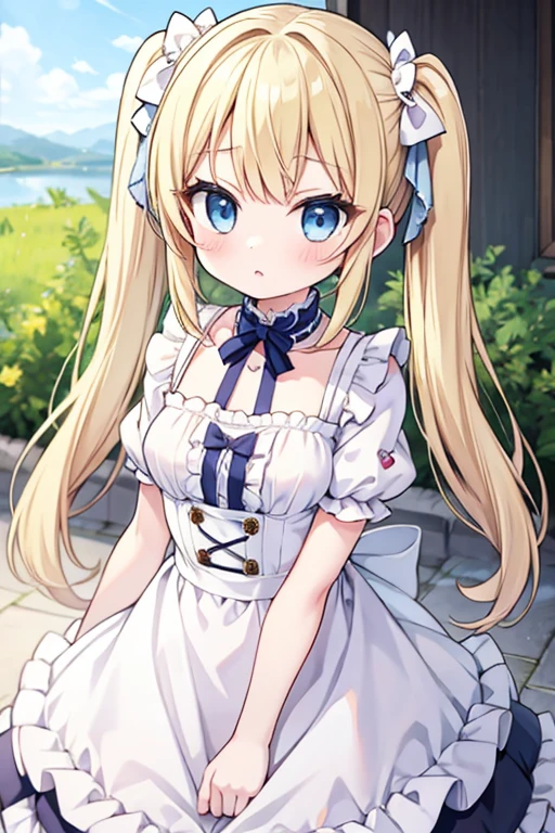 Blonde with blue eyes、ta、Small breasts、Twin tails、Girl's Mischief,Alice in Wonderland,Japan,Osaka,Tsutenkaku Tower,With Tsutenkaku in the background,Looking up from below,