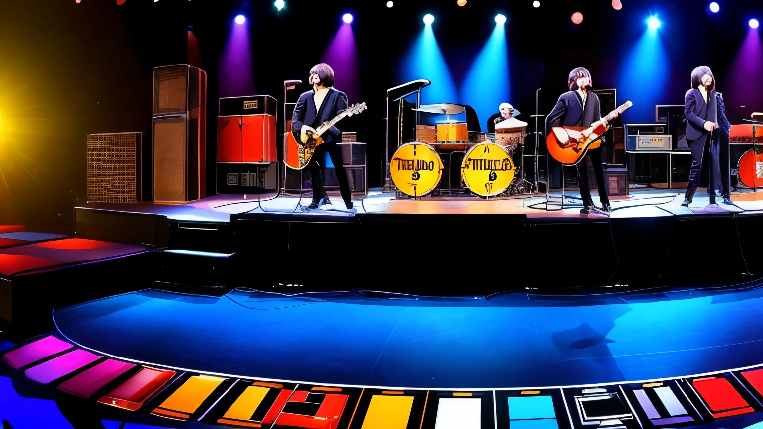 Panoramic view of the stage: Generate an image that captures the four members of The Beatles in action on stage. Highlight their individual personalities and interactions as they play.