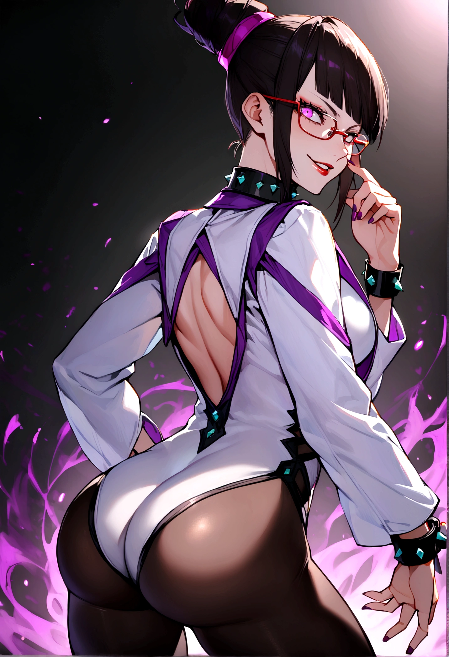 juri han,looking back,wearing glasses,glowing purple eyes,linda sensual ,wearing a tight white jacket with a collar,black pantyhose,sexy evil smile, 独奏 , sensuous