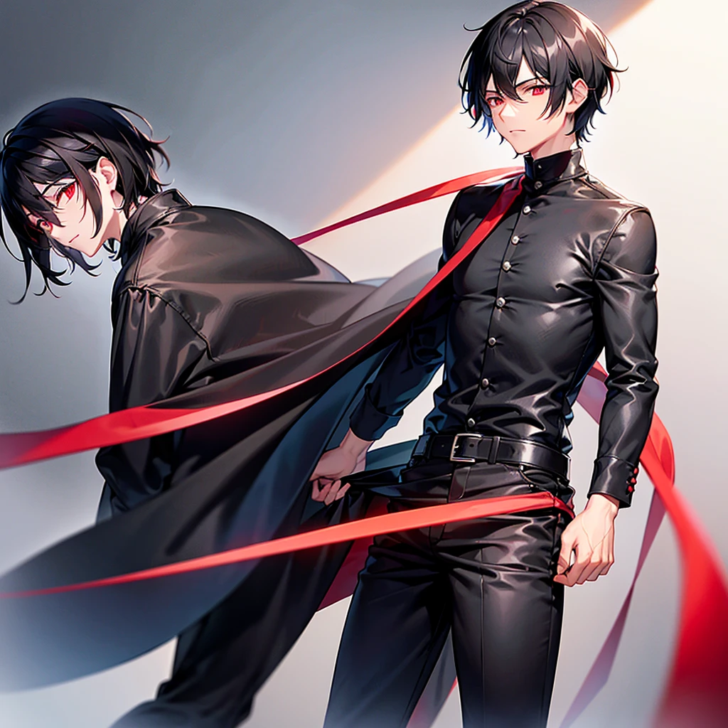 A man with medium length black hair and ruby red eyes wearing black clothes