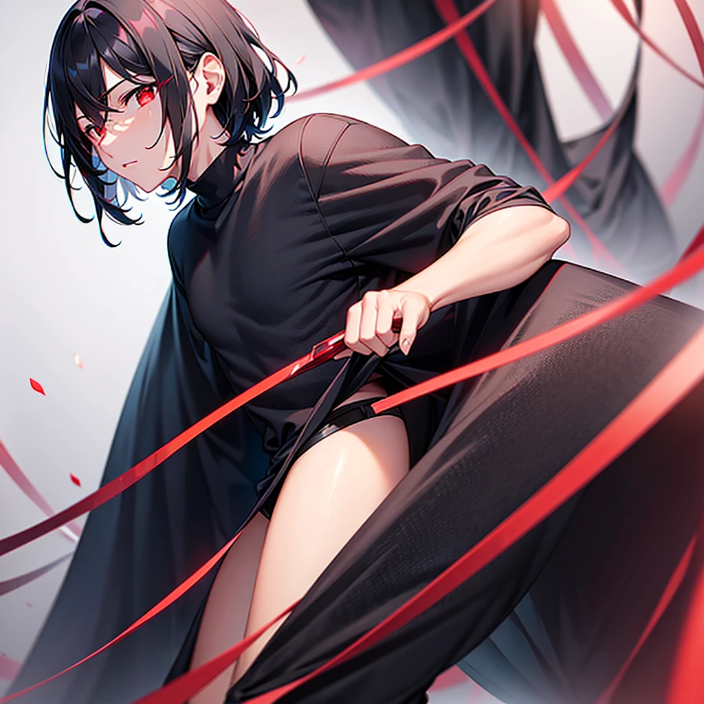 A man with medium length black hair and ruby red eyes wearing black clothes