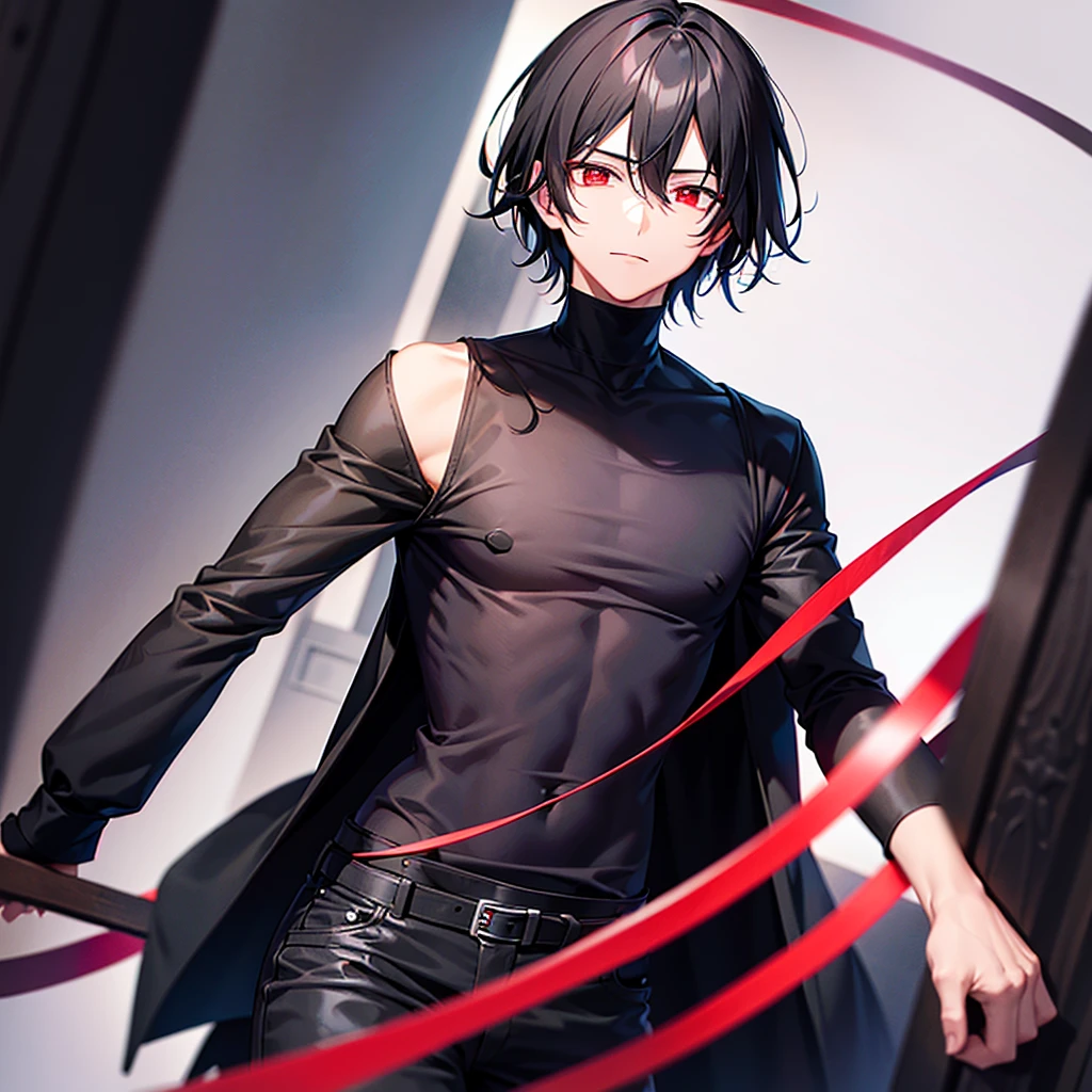 A man with medium length black hair and ruby red eyes wearing black clothes 