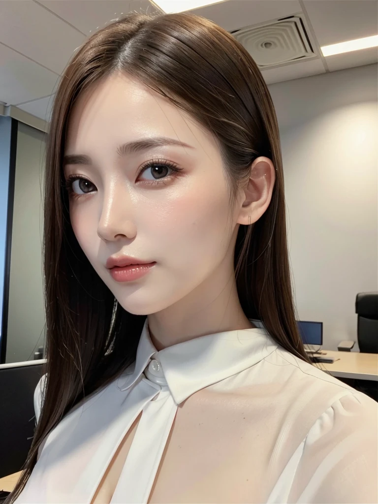 elegant office lady, office，beautiful detailed eyes, beautiful detailed lips, extremely detailed eyes and face, long eyelashes, slender body, thin face, delicate features, flawless porcelain skin, glistening sweat, ultra-fine fingers, best ratio four finger and one thumb, realistic, see-through white blouse, office setting, one-person viewpoint, Fuji Film, F/1.2, 8K, masterpiece, nfsw, super detail, high quality, best quality, high resolution, looking up at the camera