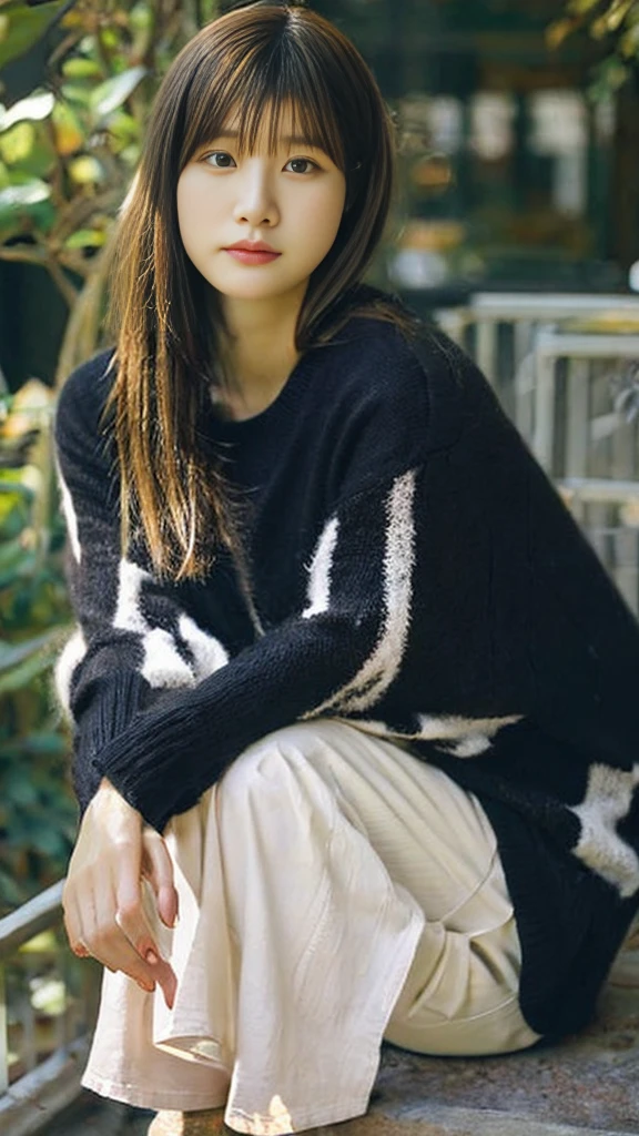 There is a woman sitting with her hair pulled back., White long sleeve T-shirt、((I don't wear anything on my lower body))、Sitting on the bed、Red ribbon、shikamimi, Korean Girls, sakimichan, beautiful south Korean women, Korean women, Yoshitomo Nara, For whom?, harumi, Short hair, Park Jimin, Choi Hong-hwa, narumi kakinouchi、Short Hair、Loose and fluffy hair、