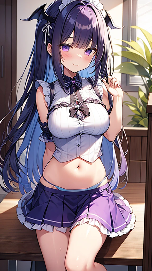最high quality, high quality, 16K full body image, Ultra-detailed details, pretty girl, alone, beautiful purple hair, Beautiful purple eyes, Big Breasts, A light smile, Summer clothes, Summer Maid clothes, I'm lifting my skirt, Blue and white color striped underwear(Bikini swimsuit under skirt), My crotch is wet with love juice, {{A succubus who steals the face skin and maid uniform from the girl she likes and plays pranks on her、I'm wearing a maid outfit while pretending to be the girl I like.}}, The girl I like is a high school girl, Full body image, NSFW