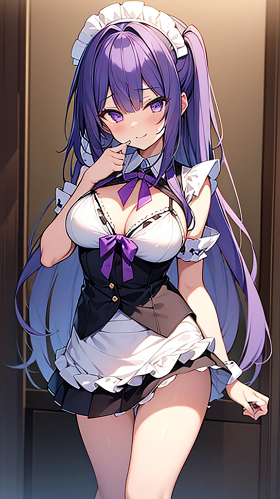 最high quality, high quality, 16K full body image, Ultra-detailed details, pretty girl, alone, beautiful purple hair, Beautiful purple eyes, Big Breasts, A light smile, Summer clothes, Summer Maid clothes, I'm lifting my skirt, Blue and white color striped underwear(Bikini swimsuit under skirt), My crotch is wet with love juice, {{A succubus who steals the face skin and maid uniform from the girl she likes and plays pranks on her、I'm wearing a maid outfit while pretending to be the girl I like.}}, The girl I like is a high school girl, Full body image, NSFW