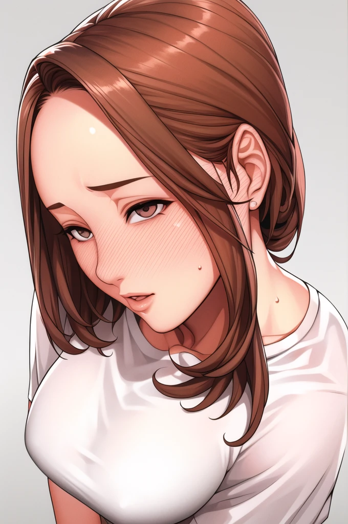 Simple White Background,
White t shirt, pink pants, brown hair,Forehead. Mole on right cheek
1 girl, 29yo,Young female, full body
