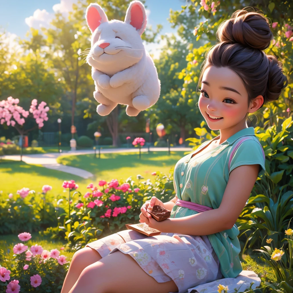 (best quality,4k,8k,highres,masterpiece:1.2),ultra-detailed,(realistic,photorealistic,photo-realistic:1.37),Illustration,Octane Render,morning park, in hand big chocolate bar, the girl has a bun hairstyle and a smiling face, vibrant colors, soft sunlight, beautiful flowers, green grass, playful atmosphere, peaceful environment,detailed textures, vibrant colors, joyful expression