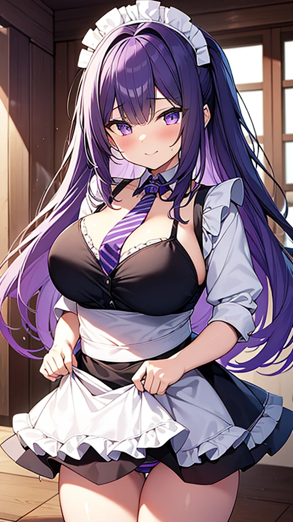 最high quality, high quality, Super detailed, 16K, Ultra-detailed details, pretty girl, alone, beautiful purple hair, Beautiful purple eyes, Big Breasts, A light smile, Summer clothes, Summer Maid clothes, I'm lifting my skirt, Blue and white color striped underwear(Bikini swimsuit under skirt), My crotch is wet with love juice, {{A succubus who steals the face skin and maid uniform from the girl she likes and plays pranks on her、I'm wearing a maid outfit while pretending to be the girl I like.}}, Full body image, NSFW