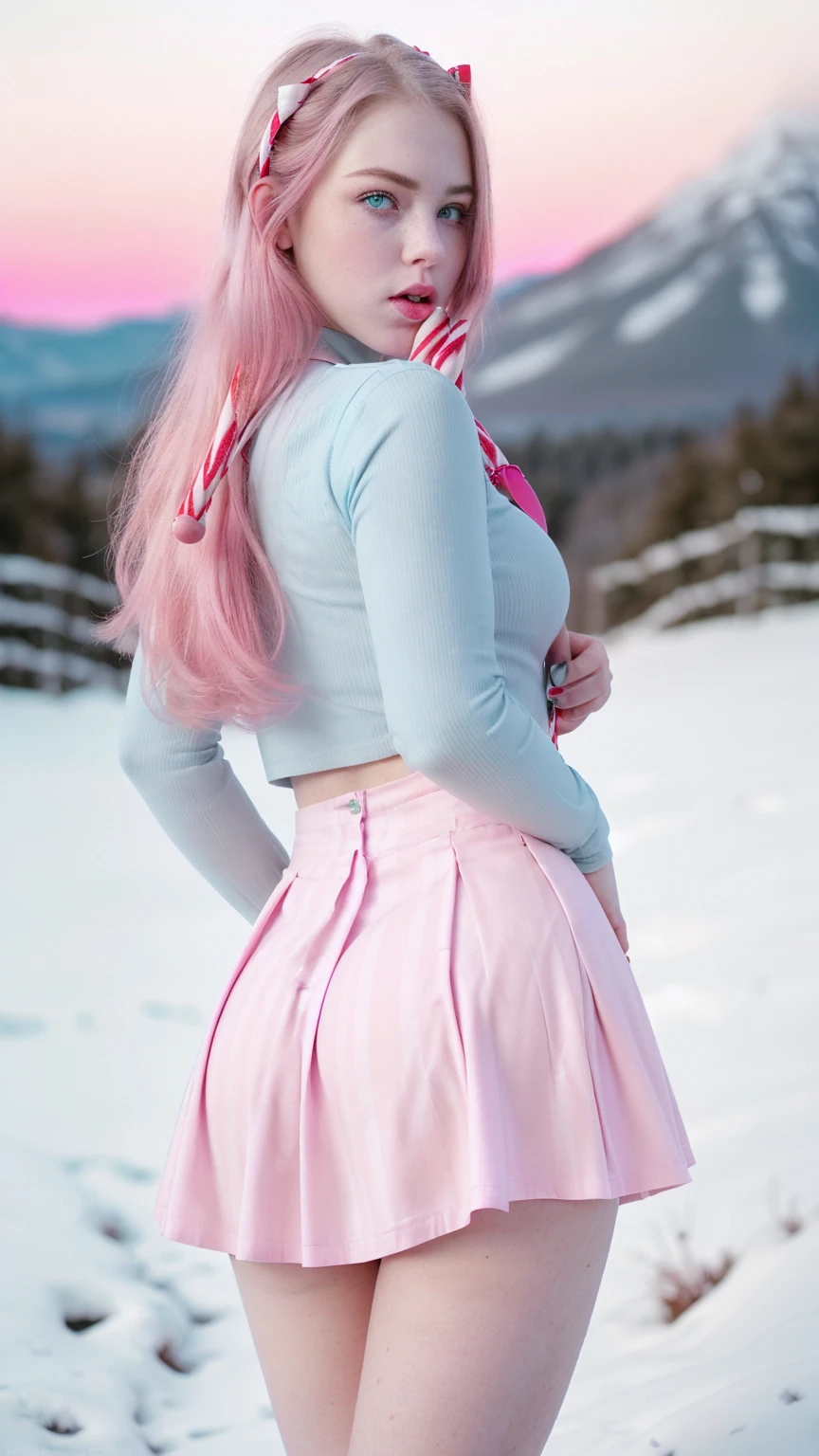 Analog photography featuring a melancholic American adult model (Ivy Snow) amidst the shadows of a dimlit mountain at night, blonde curvy-girl (18yo, Smokey eyes, very pale skin(PORCELAIN SKIN), large breasts, tightened thighs, huge ass, Chubby blonde-girl)-Bold pink-lips, a largered-ribbon-bow(tied her raven-blonde hair), Pout face expression.
Her bright blue-eyes(piercing through the darkness).
((Ivy Snow commands attention in a colleague uniform(with a candy cane striped shirt, badge, and matching skirt), creating a unique and festive authoritative look)).standing all in CANDID and relaxed poses, and holding a plastic-bag, The photograph captures the cold of the mountain(with its Sad atmosphere and the sense that something oppressive is about to unfold). A subtle haze and a soft focus on the background enhance the quality of the image, (backlighting), Horror movie effects. She's surrounded by lush plants(many lush plants against her), The natural light casts long shadows, accentuating the desaturated colors and oppressive & frost atmosphere of this vintage-photography-style image. A 70mm grainy film captures the scene, with a bokeh effect softening the focus, ((color image in a (pink/teal)-monochrome tones))-enhancing the overall composition.