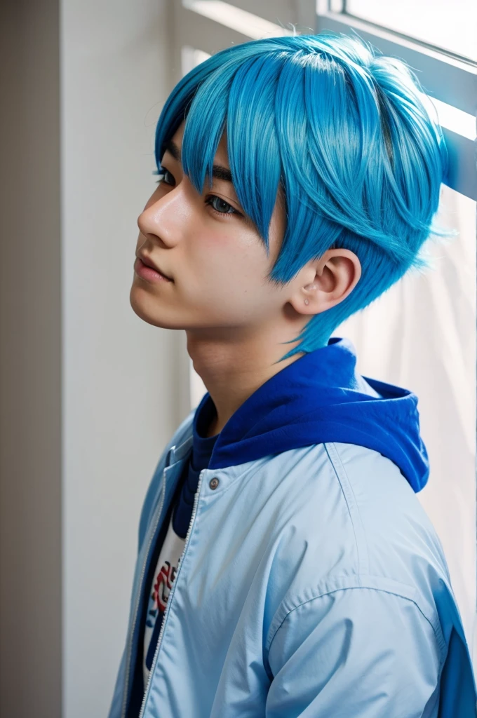 Anime cute boy,angle shot,bright light blue hair