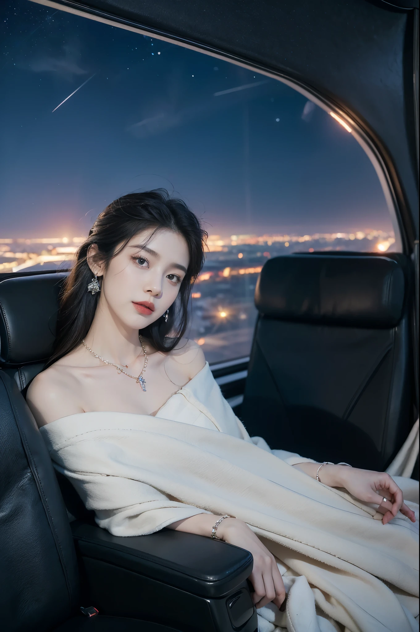 (((best quality))),(((ultra detailed))),(((masterpiece))),illustration,(a beautiful girl,female passenger,solo),(parted red lips),((slim,thin)),((bare back,towering hips,butt crack)),((earrings,crystal necklace)),(slender legs:1.2),(sitting on the seat:1.2),summer night,((in airplane,economy class,indoor)),(blanket over shoulders:1.3),((dress)),(shoulder length straight bob hair:1.2),stars,moonlight,smooth flight,engine sound,lullaby,relaxed,excited,laughing,visiting family,comfortable seats,soft fabric,headrests,adjustable,beauty of night sky,dimmed lights,sleeping passengers,movies,personal screens,staying awake,magic of sky,joy of being with family,memorable journey,adventures,(surrounded by crowded crowds:1.3),(Outside the window is high-altitude night view:1.2),((from back,upper body))