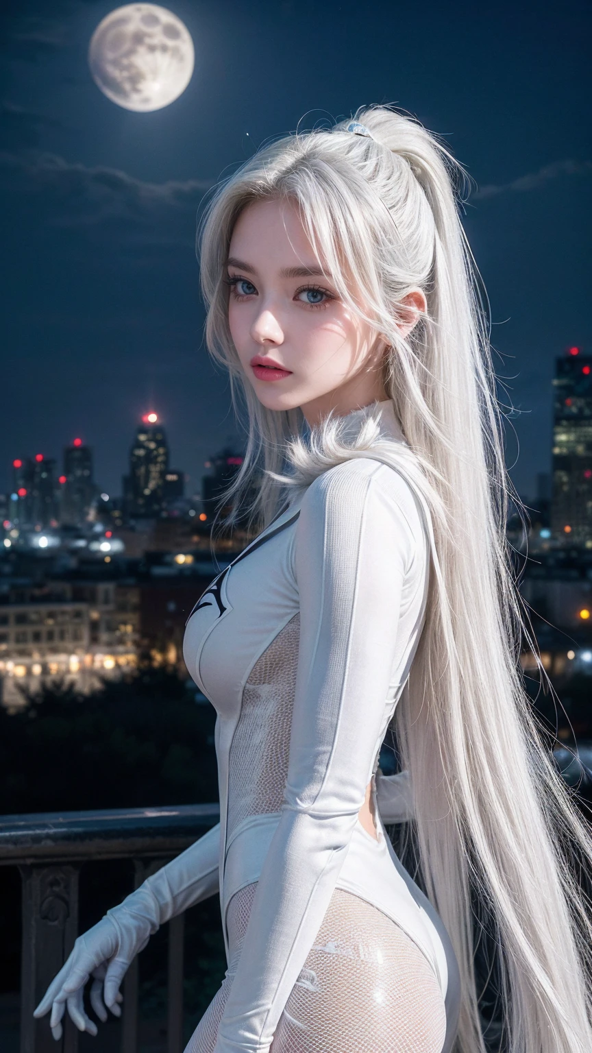 (masterpiece, 4K resolution, Surreal, Very detailed), (White Costume Superhero Theme, Charming, Girl on top of the city, Wearing a white Spider-Man costume, Superwoman), [((23 years old), (Long white hair:1.2), whole body, (blue eyes:1.2), (Dynamic poses) ((Gritty urban environment):0.8)| (city View, at night, Dynamic Lighting), (Full Moon))]