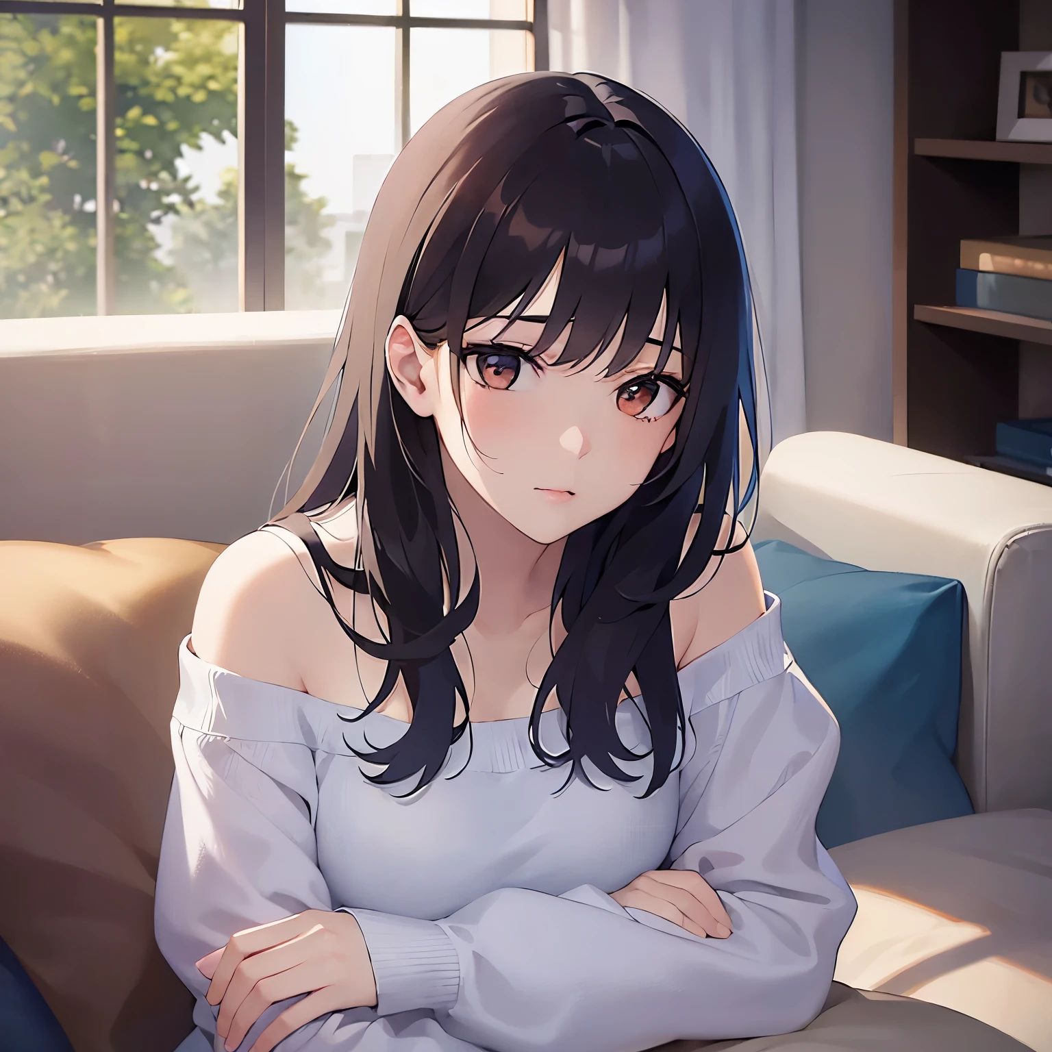 (looking away:1.5), Realistic, real person, (pale skin: 1.2), RAW photo, photorealistic, shiny skin, shiny hair、 (A 35-year-old woman with medium-length hair and bangs) and (wavy hair) and (brown hair) and (Orange Eyes)、 (white) and (off shoulder blouse)、 pout ,The background is the living room、Arms crossed、I'm frustrated