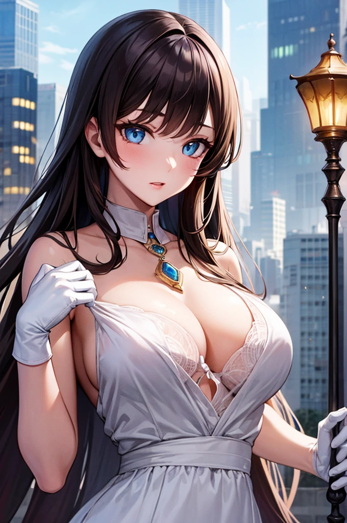 One girl, High resolution, masterpiece, alone, anime, Absurd, Detailed face, Perfect Eyes, , Upper Body,  White Dress, jewelry, White gloves, Cityscape, Holding, staff, sing