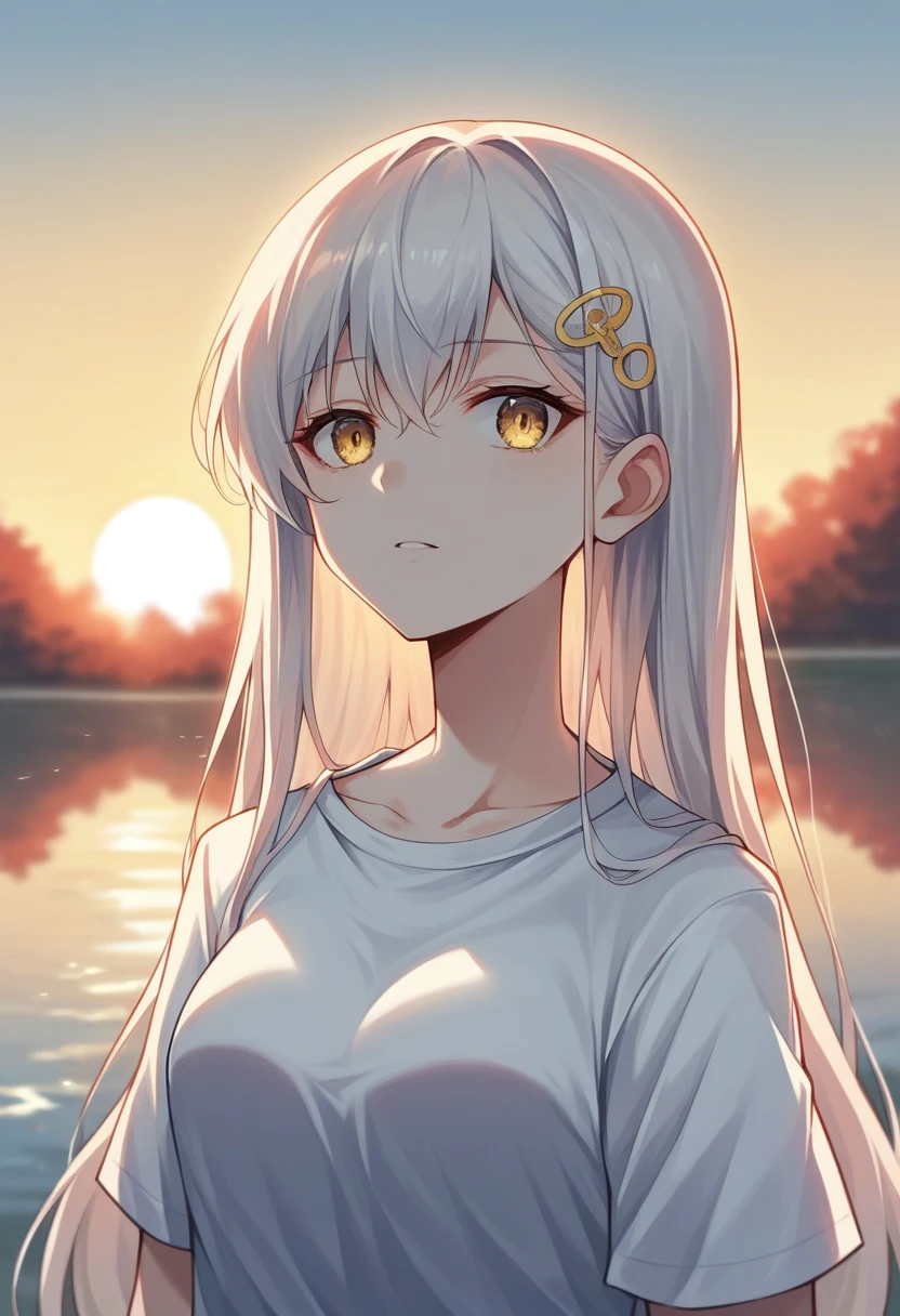 Medium shot, Medium shot, Depth of Field, Break, Upper Body, angle, masterpiece, best quality, Very detailed, CG, 8k wallpaper, Pretty Face, Exquisite eyes, one country, Solitary, White long hair, Yellow eyes, hairpin, White shirt, black连帽夹克, black棒球帽, black, black过膝靴, Sunset, 中世纪port, port, Delicate water surface, Sun reflection