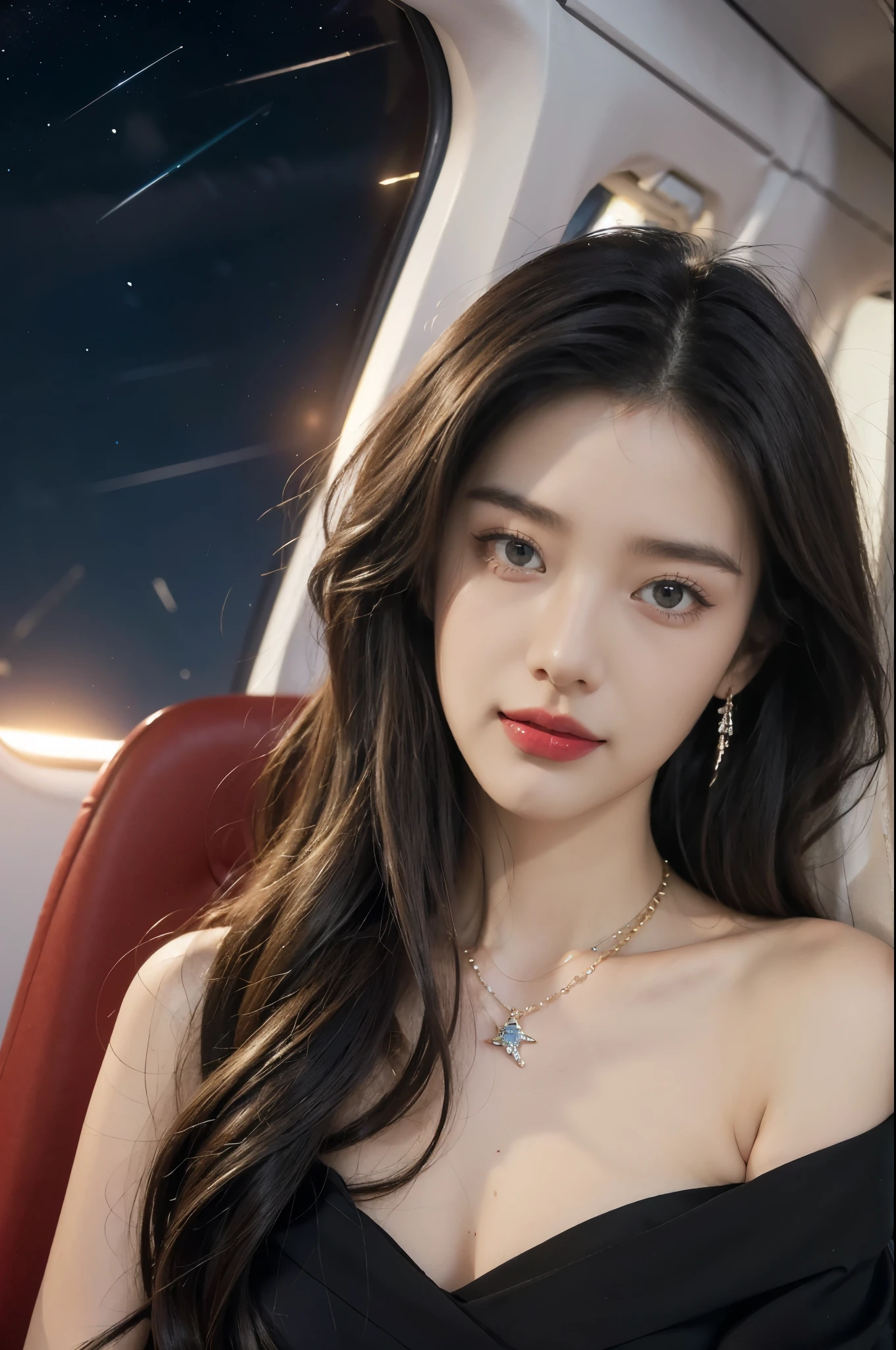 (((best quality))),(((ultra detailed))),(((masterpiece))),illustration,(a beautiful girl,female passenger,solo),(parted red lips),((slim,thin,small breasts,flat chest)),((earrings,crystal necklace)),summer night,((in airplane,economy class,indoor)),((strapless bra)),(shoulder length straight bob hair:1.2),stars,moonlight,smooth flight,engine sound,lullaby,relaxed,excited,laughing,visiting family,comfortable seats,soft fabric,headrests,adjustable,beauty of night sky,dimmed lights,sleeping passengers,movies,personal screens,staying awake,magic of sky,joy of being with family,memorable journey,adventures,(surrounded by crowded crowds:1.3),(Outside the window is high-altitude night view:1.2),((from front,close-up of face))