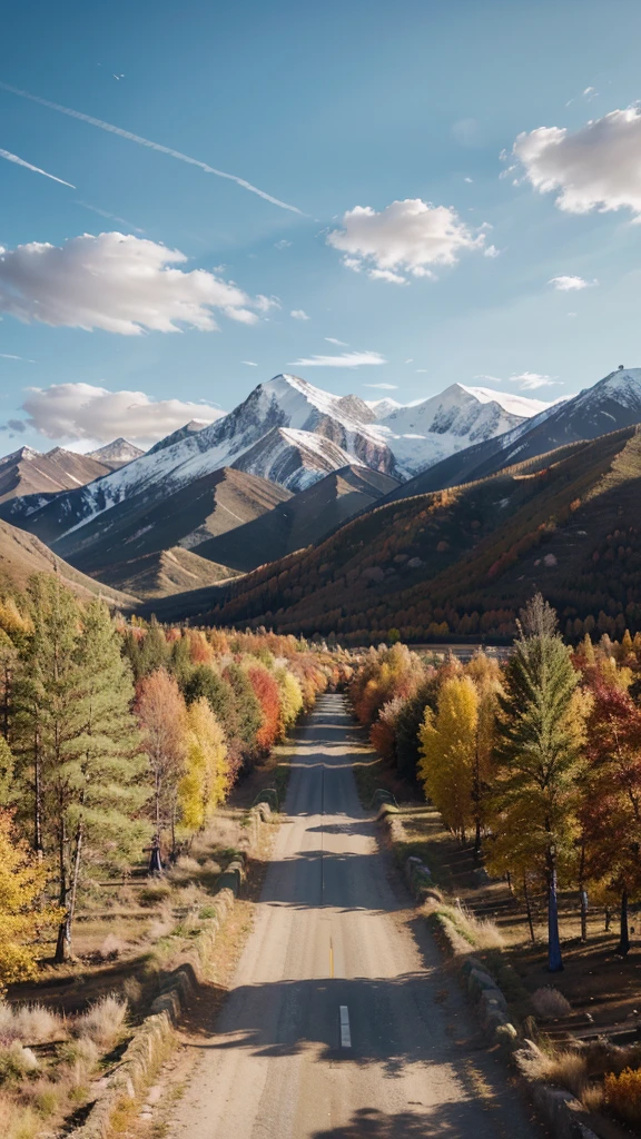 tmasterpiece,Ultimate quality,CG unity 8k wallpaper,Super delicate,Beautiful skies and clouds,Rich natural scenery,Autumn in Xinjiang,highways,Birch forest,snow mountains