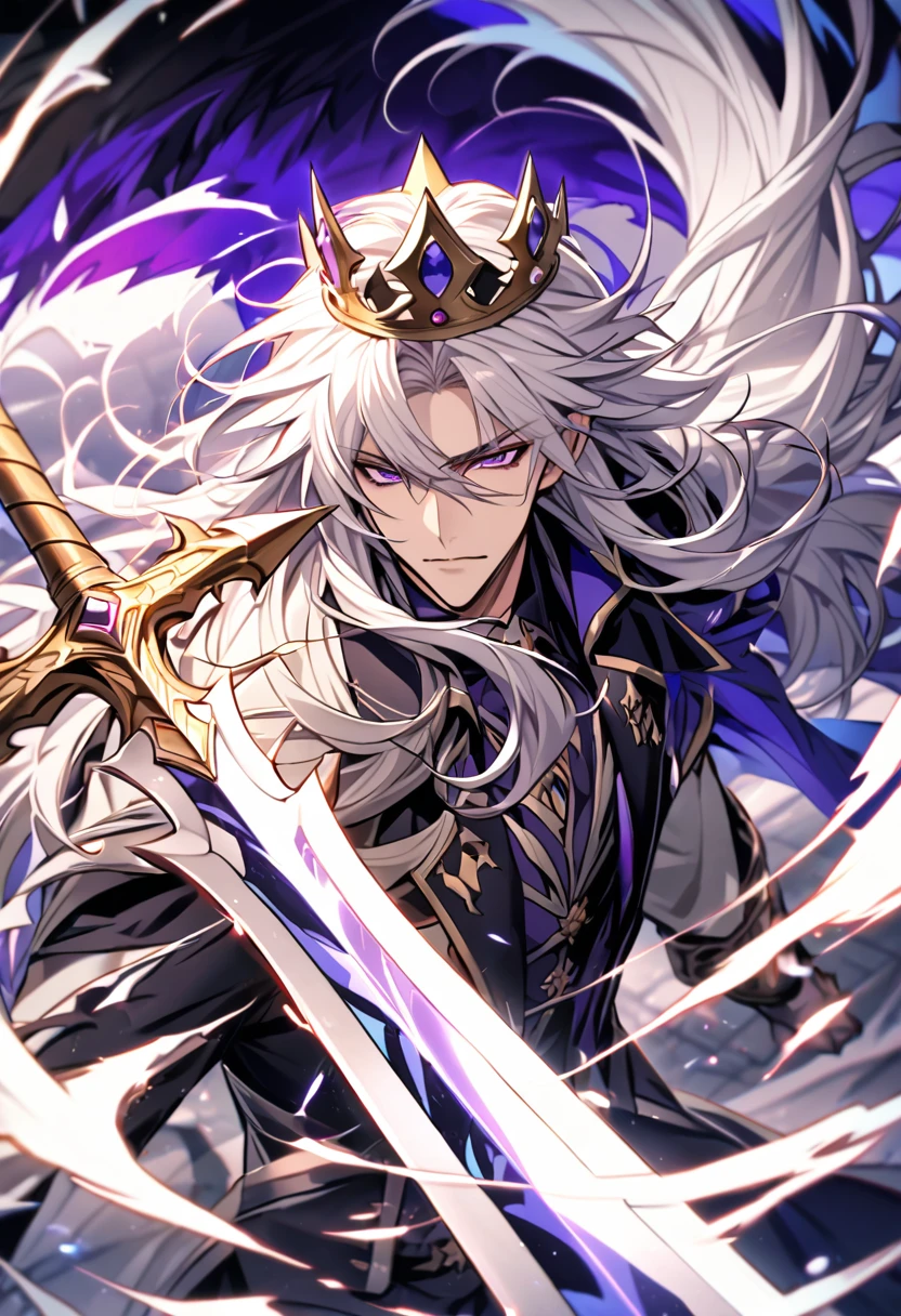 Handsome, A wolf demon with sharp claws, single, 1 male, long hair, white hair, purple eyes, Crazy feeling power swirled like ice mixed with wind. There is a king's crown. There's a shiny sword holy sword