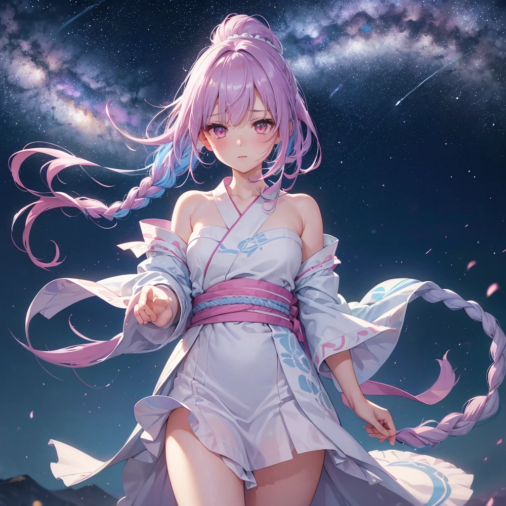 Sky blue hair, (One braided ponytail),(Pink Eyes),Fair skin ,(whole body),(One girl),White yukata,Tanabata,(The Milky Way in the night sky),Hollow Eyes,Blushing,Straight bangs,,Wedding dress,(masterpiece, Highest quality, Very detailed, Best Shadow), (Detailed Background), (Beautifully detailed face), High Contrast, (Best lighting, Very delicate and beautiful), ((Cinematic Light)), colorful, Hyper Detail, Dramatic Light, Intricate details,Reaching out,