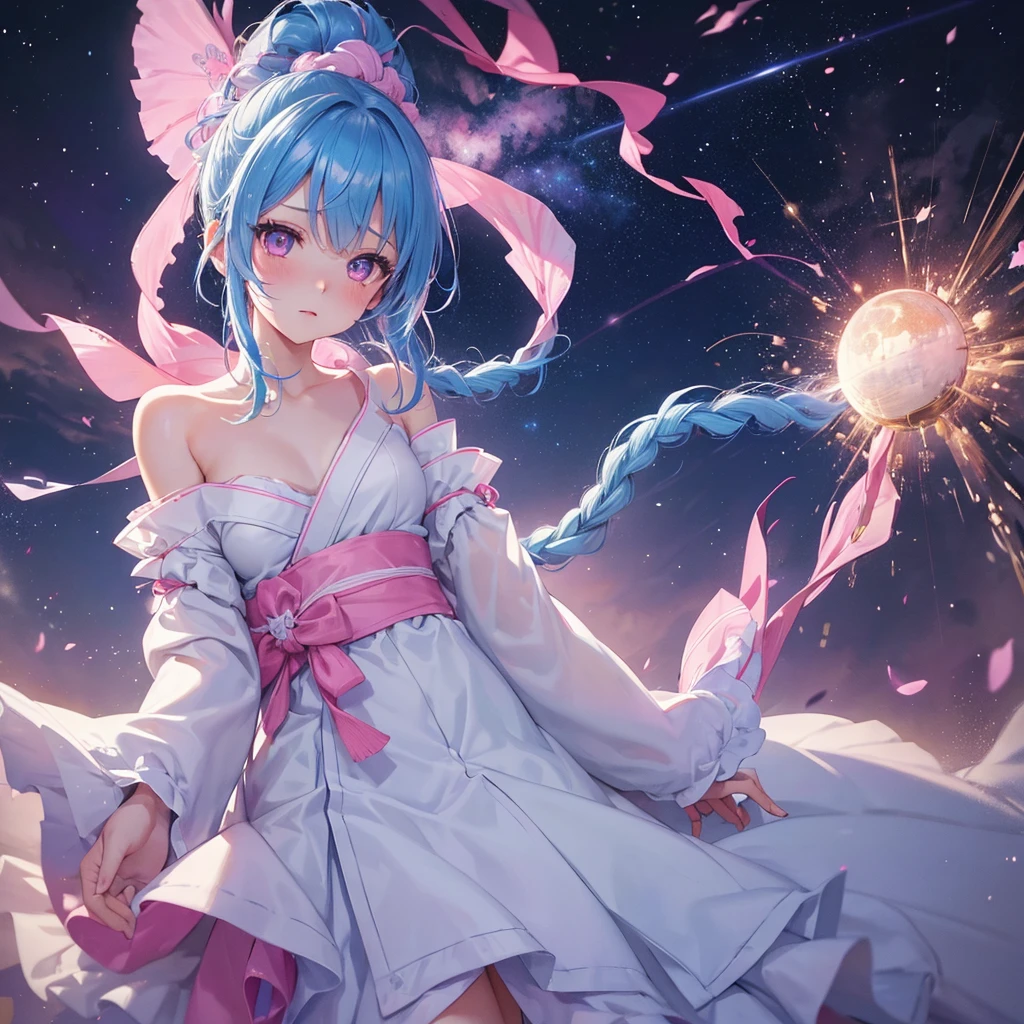 Sky blue hair, (One braided ponytail),(Pink Eyes),Fair skin ,(whole body),(One girl),White yukata,Tanabata,(The Milky Way in the night sky),Hollow Eyes,Blushing,Straight bangs,,Wedding dress,(masterpiece, Highest quality, Very detailed, Best Shadow), (Detailed Background), (Beautifully detailed face), High Contrast, (Best lighting, Very delicate and beautiful), ((Cinematic Light)), colorful, Hyper Detail, Dramatic Light, Intricate details,Reaching out,