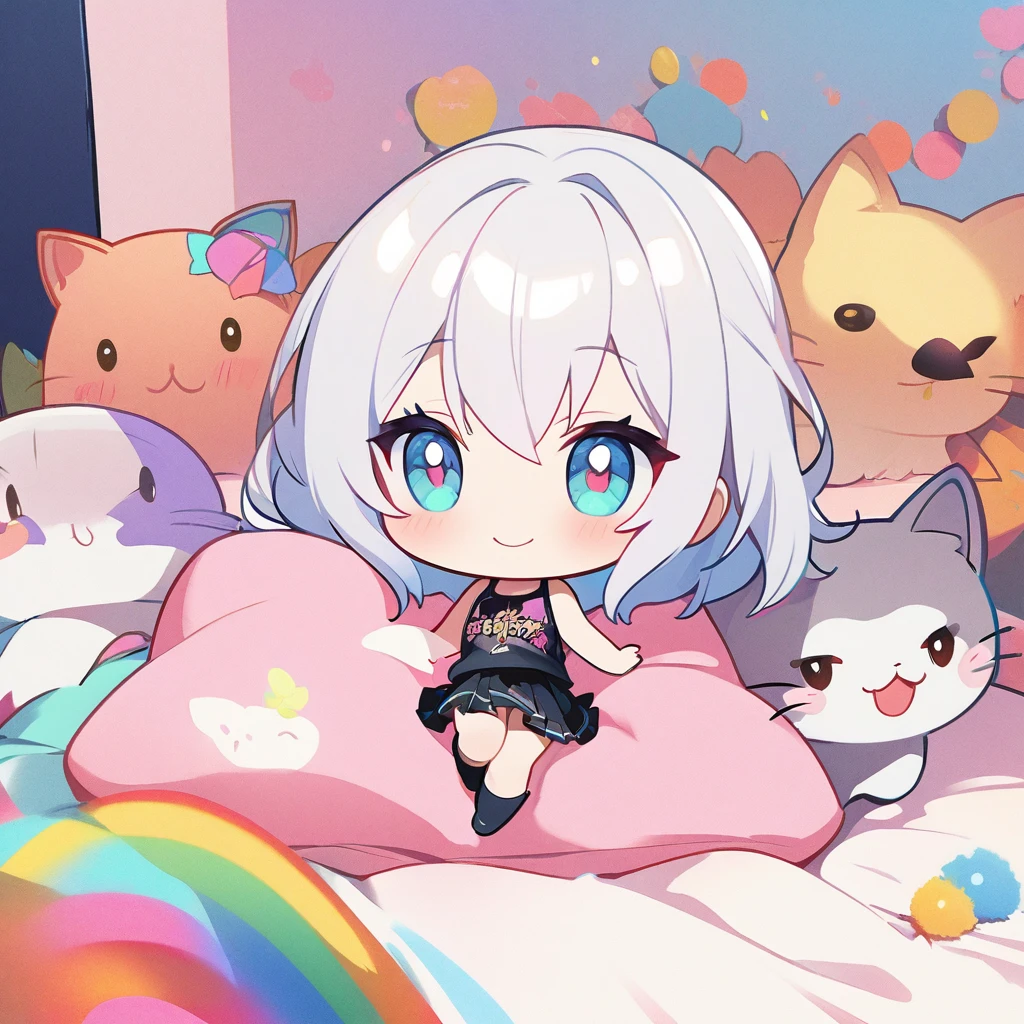 masterpiece、Highest quality、Depth of subject、((2D illustration))、1 beautiful girl、((colorful))、(((chibi style)))、((Long, beautiful hair))、Bright silver hair、ribbon、cute、Beautifully detailed eyes、Tank top、((mini skirt))、(((vivid color))、((bed))、((full body shot))、((Very happy face))、((kitten))、stuffed toy、((There's a lot of pink around))、((Lens flare))、White light is shining、My whole body was filled with light